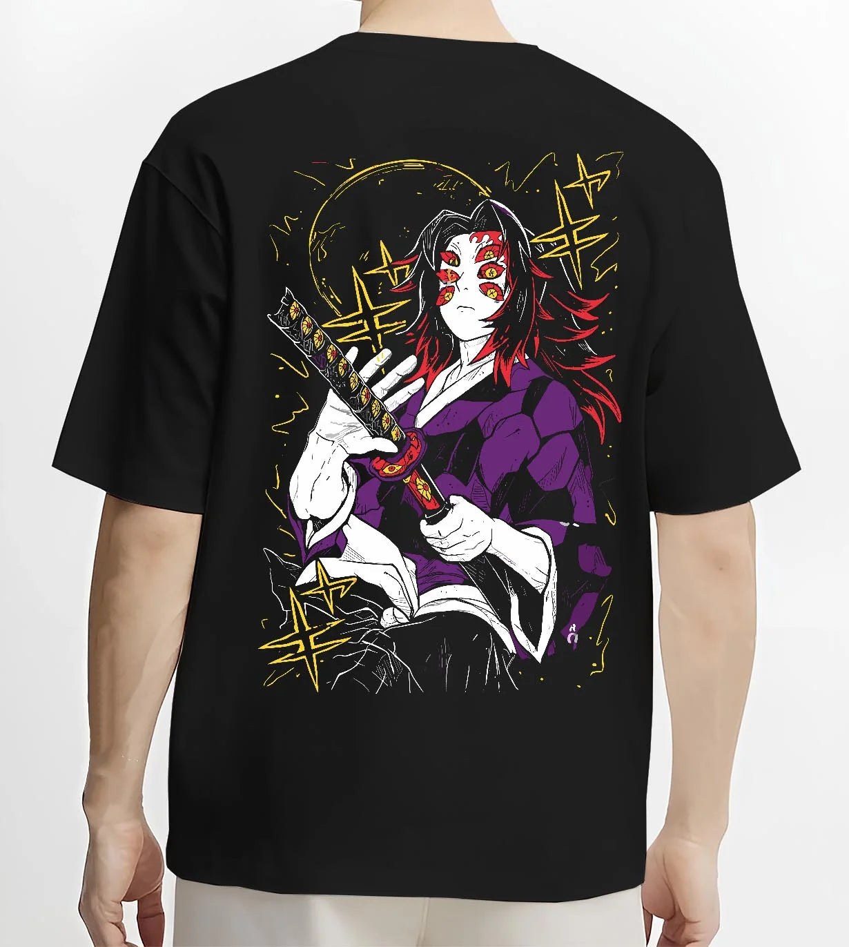 Black T-shirt worn by male model, back view with Demon Slayer Kokushibo Hoodie Ancient Samurai Jumper graphic premium wear.