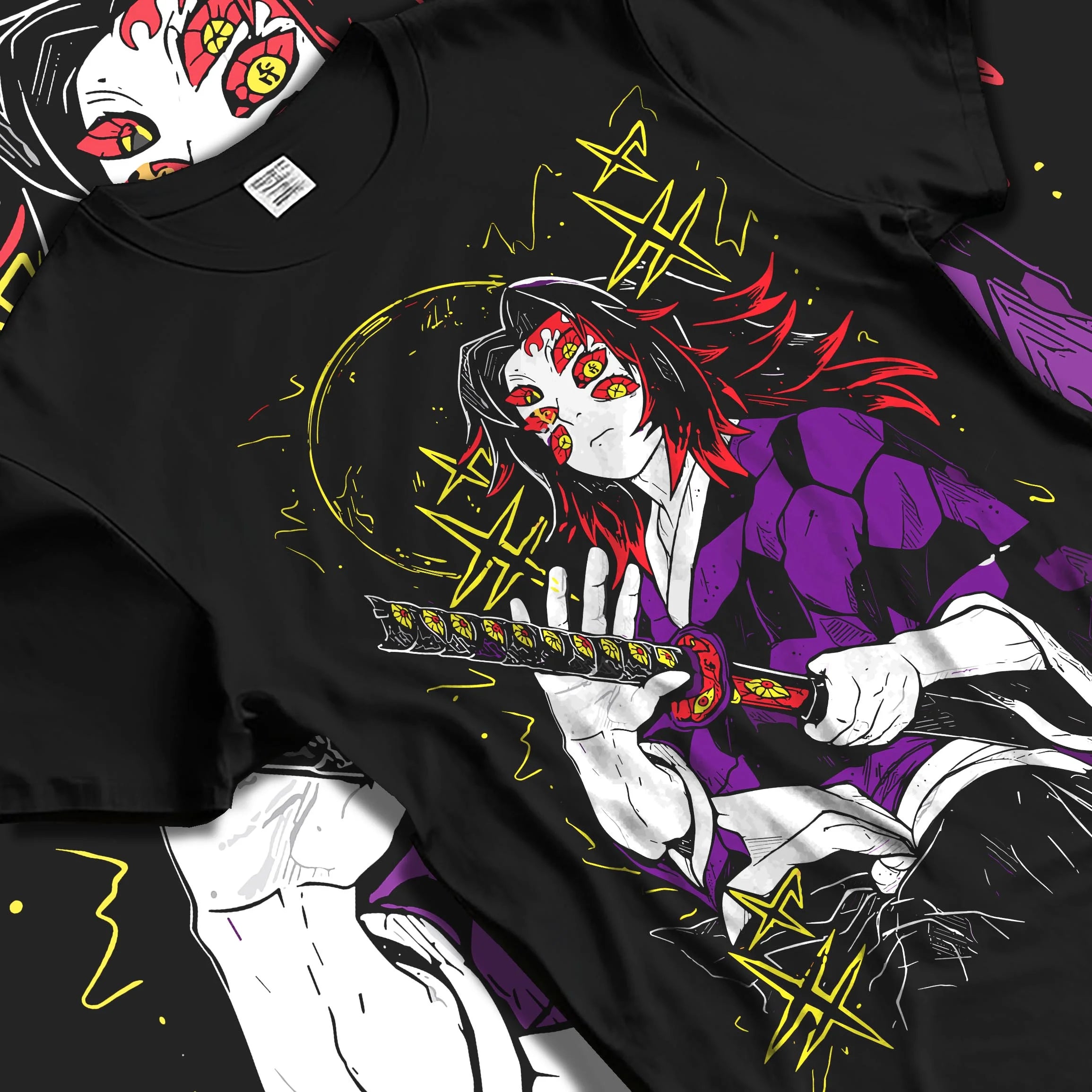 Black T-shirt laid flat with natural folds with Demon Slayer Kokushibo Hoodie Ancient Samurai Jumper graphic streetwear graphic.