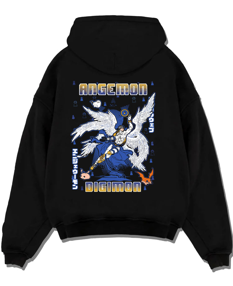Black pullover hoodie laid flat with Angemon Hoodie Digimon Digital Monster Celestial Form graphic premium wear.