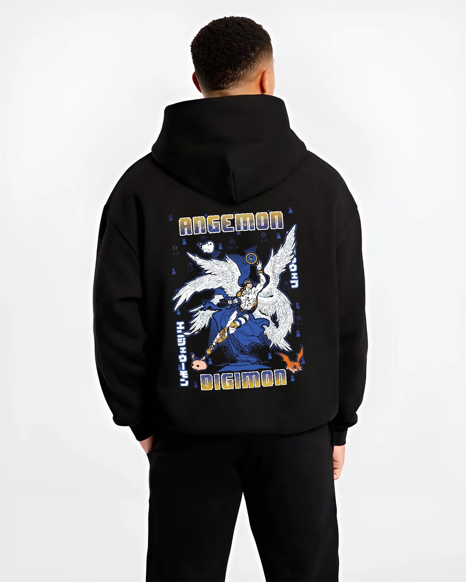 Black hoodie worn by male model, back view with Angemon Hoodie Digimon Digital Monster Celestial Form graphic premium wear.