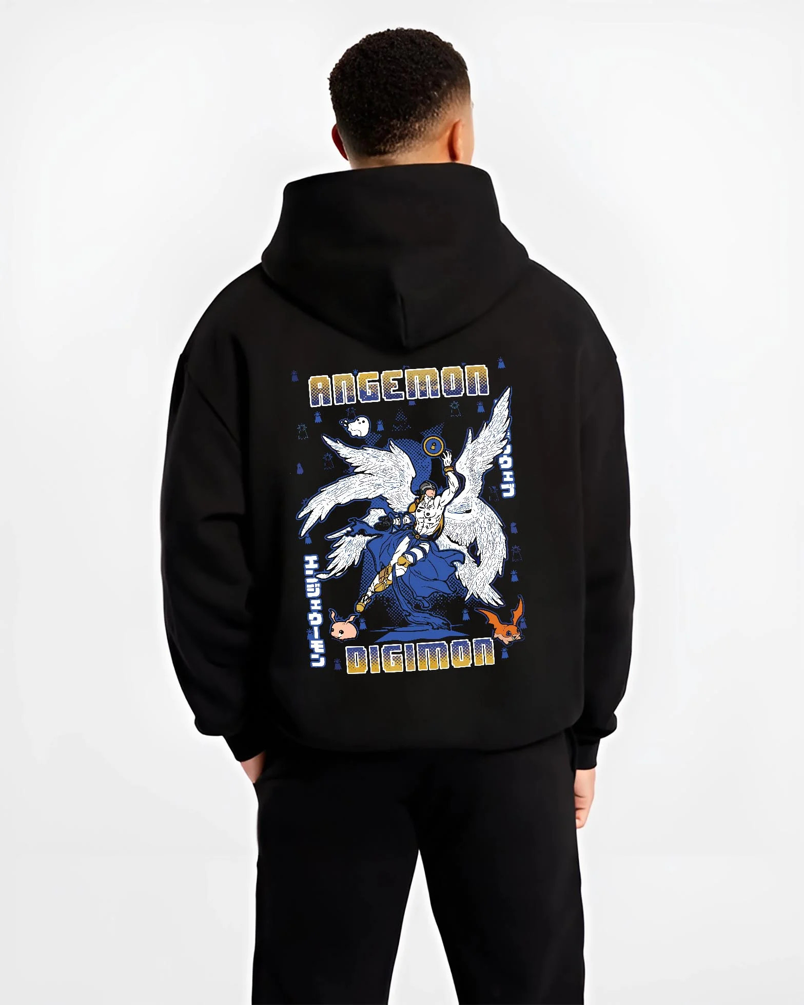 Black hoodie worn by male model, back view with Angemon Hoodie Digimon Digital Monster Celestial Form graphic premium wear.