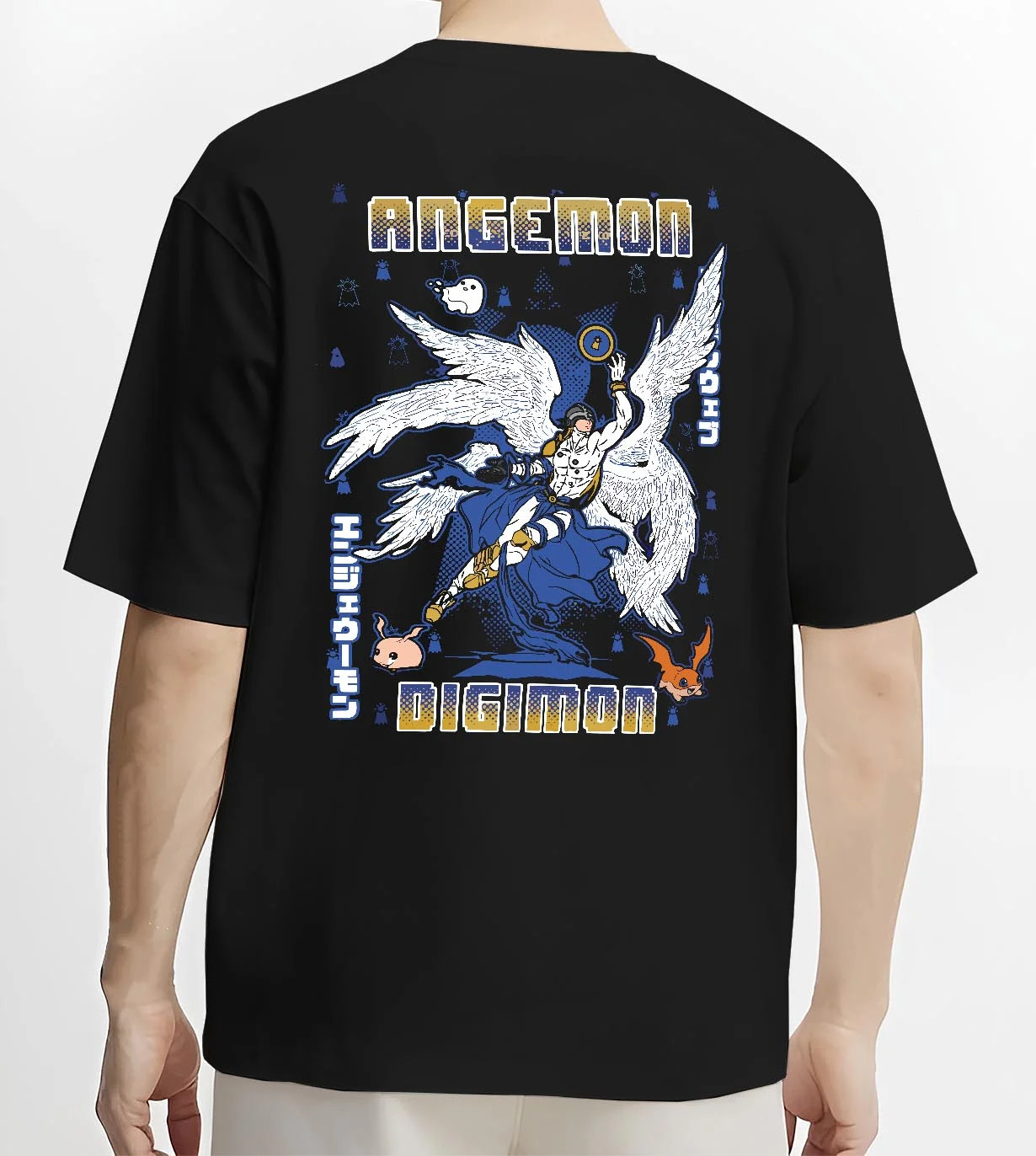 Black T-shirt worn by male model, back view with Angemon Hoodie Digimon Digital Monster Celestial Form graphic streetwear graphic.