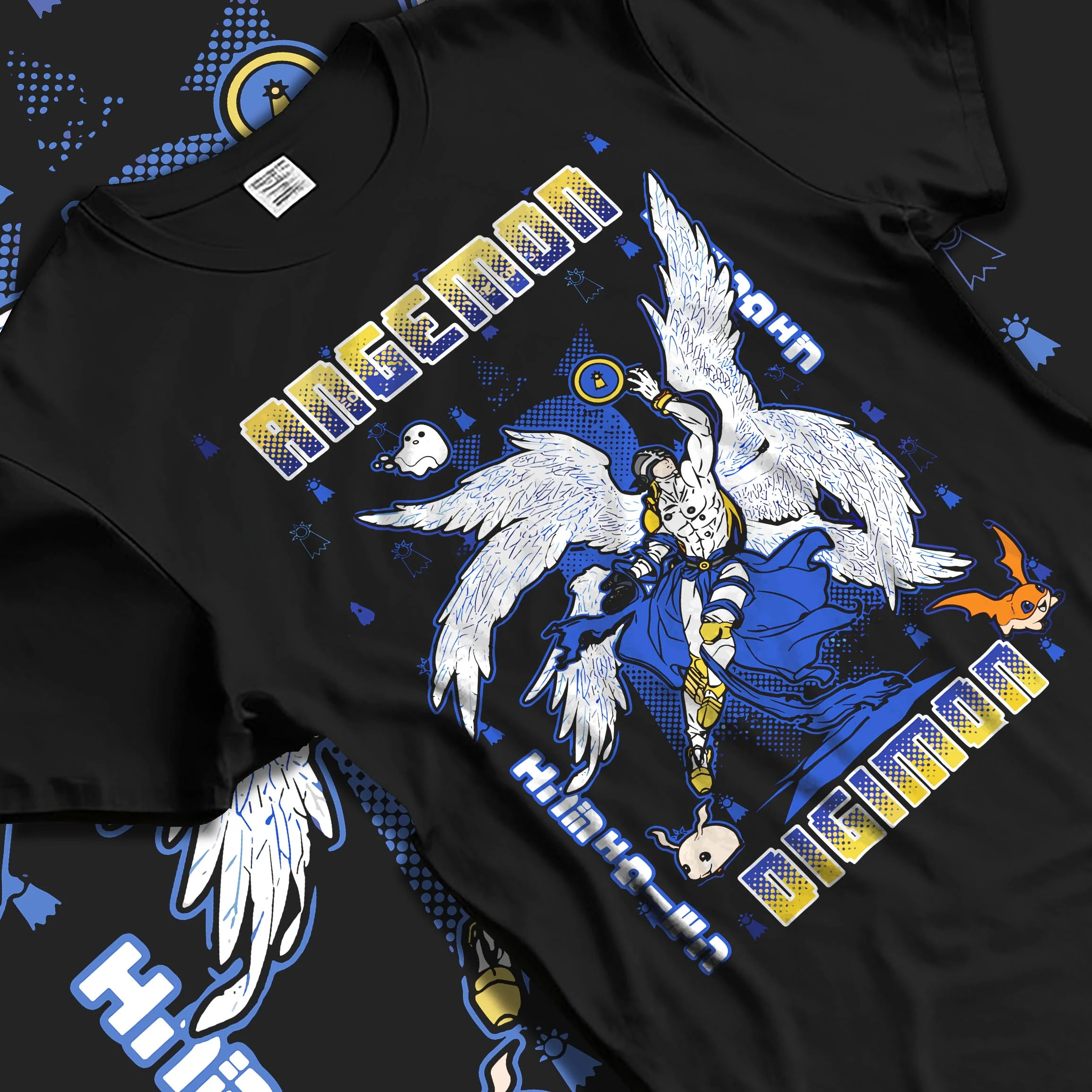 Black T-shirt laid flat with natural folds with Angemon Hoodie Digimon Digital Monster Celestial Form graphic streetwear graphic.