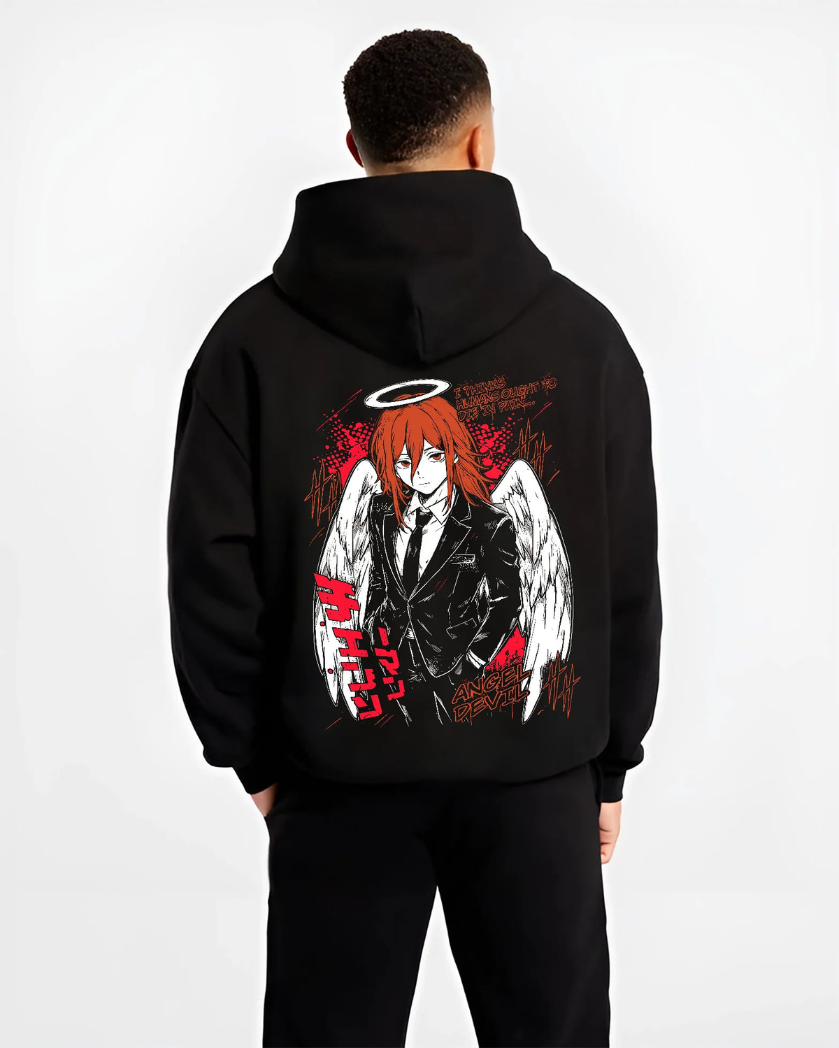 Black hoodie model back view with Angel Devil from Chainsaw Man illustrated back graphic