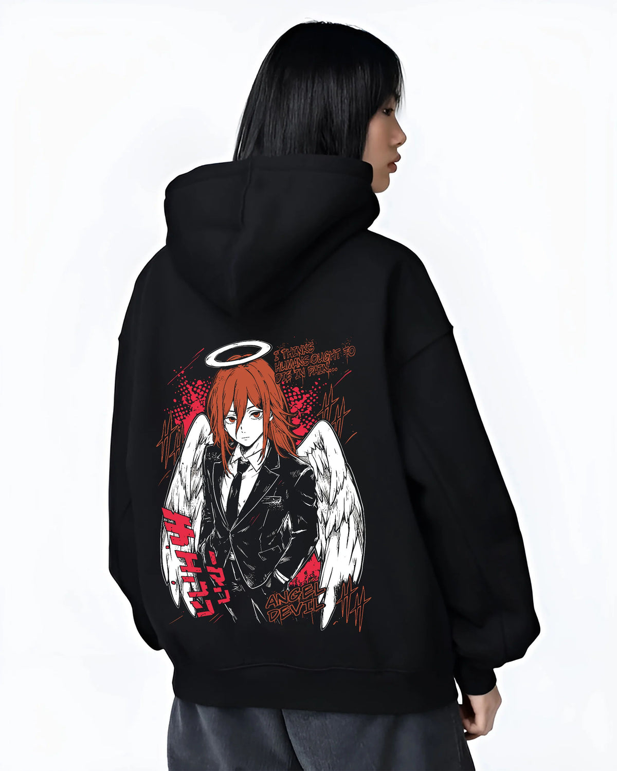 Black hoodie female model back view with Angel Devil from Chainsaw Man illustrated back graphic