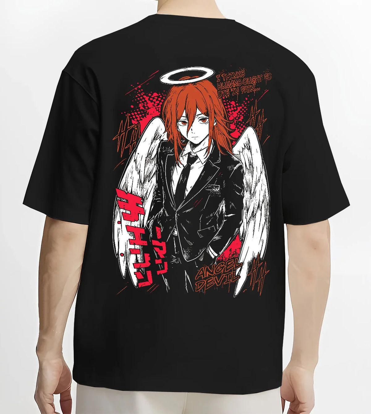 Black T-shirt model back view with Angel Devil from Chainsaw Man illustrated back graphic