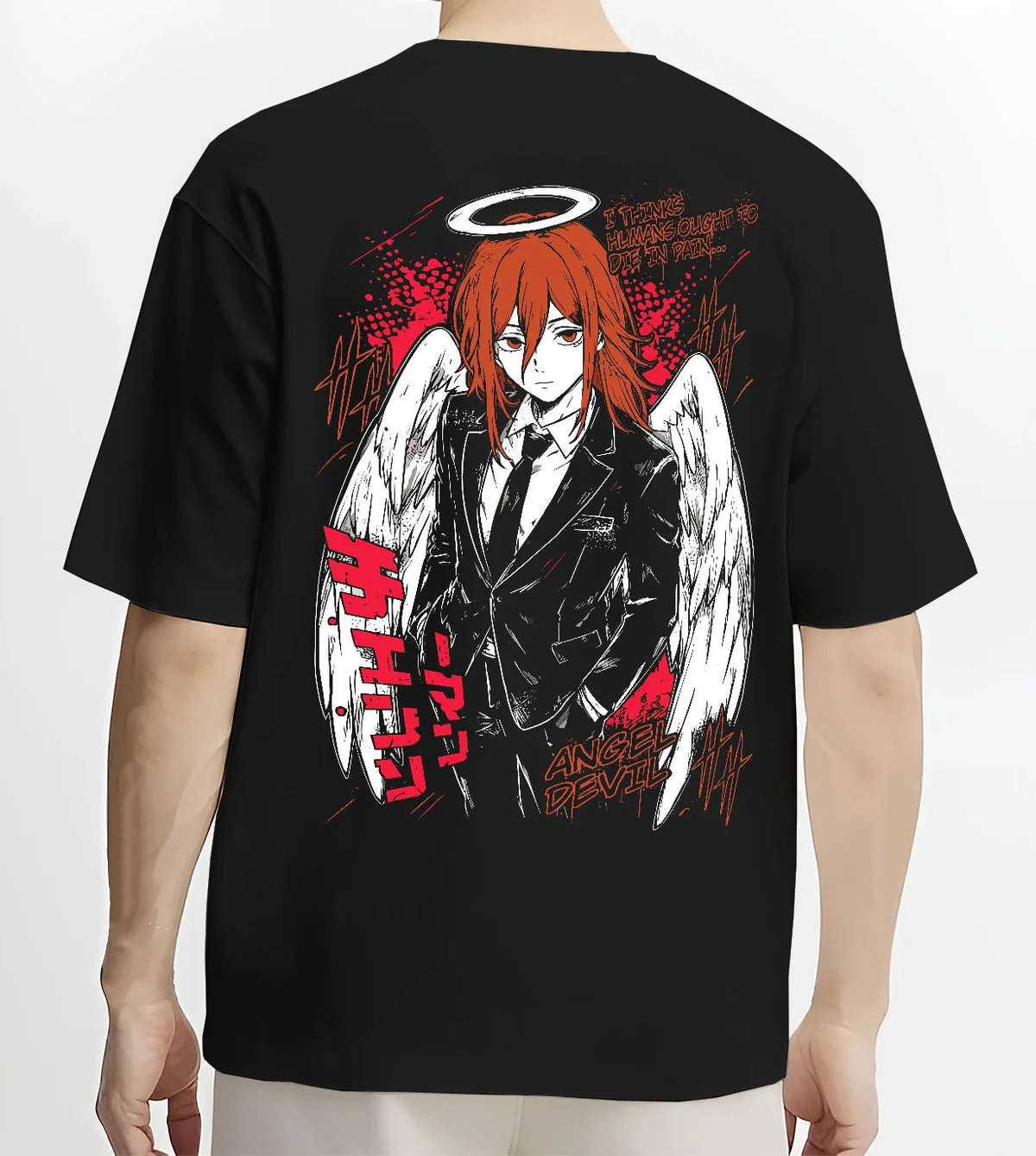 Black T-shirt model back view with Angel Devil from Chainsaw Man illustrated back graphic