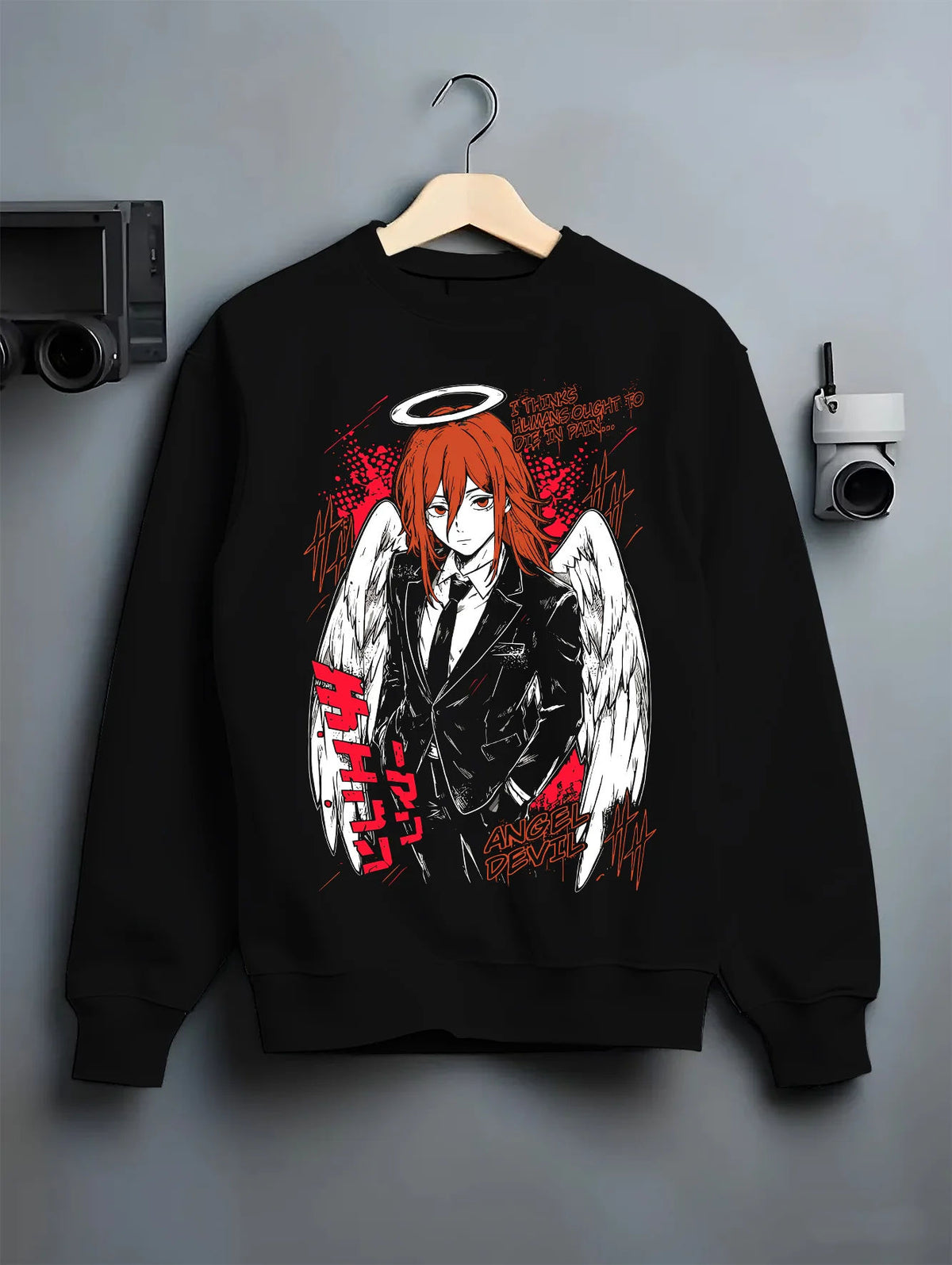 Black crewneck sweatshirt on hanger with Angel Devil from Chainsaw Man illustrated back graphic