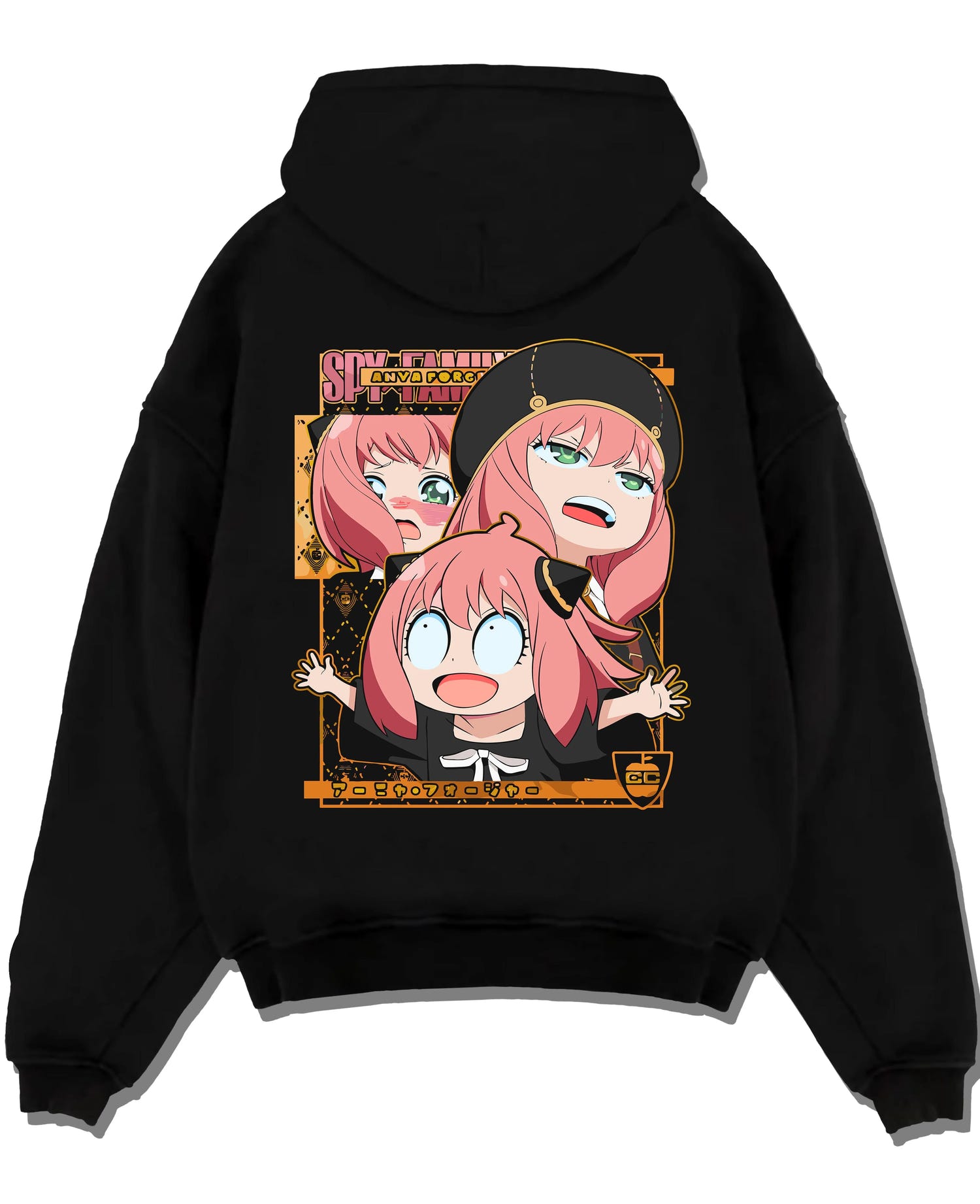 Black pullover hoodie laid flat with Anya Forger Hoodie Spy x Family Funny Faces Expression graphic premium wear.