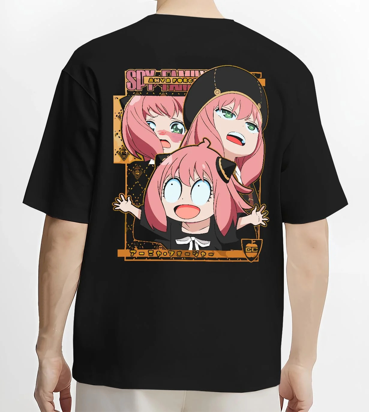 Black T-shirt worn by male model, back view with Anya Forger Hoodie Spy x Family Funny Faces Expression graphic premium wear.