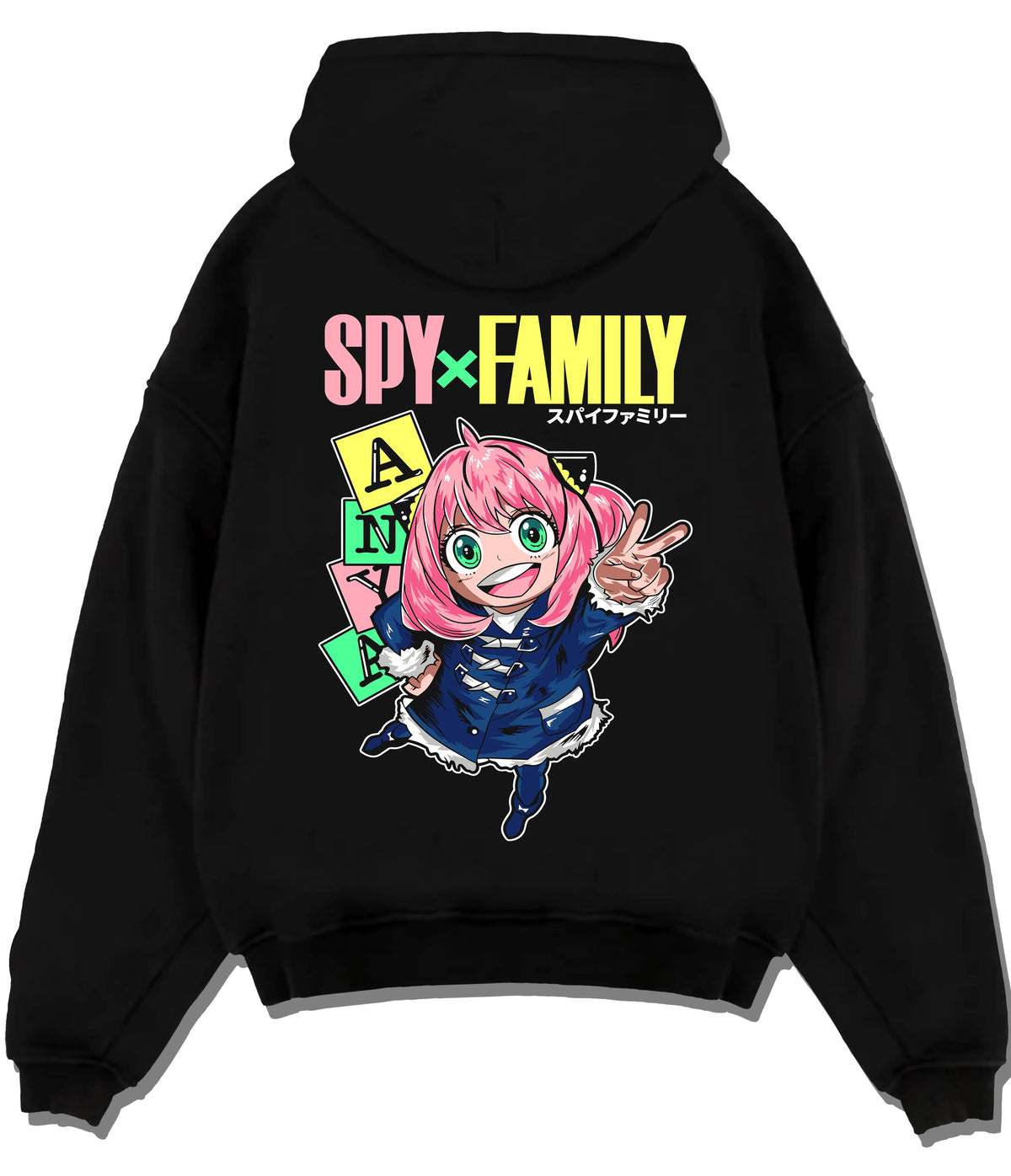 Black hoodie flat back view with Anya Forger from Spy x Family illustrated back graphic