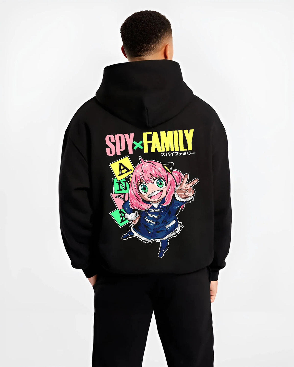 Black hoodie model back view with Anya Forger from Spy x Family illustrated back graphic