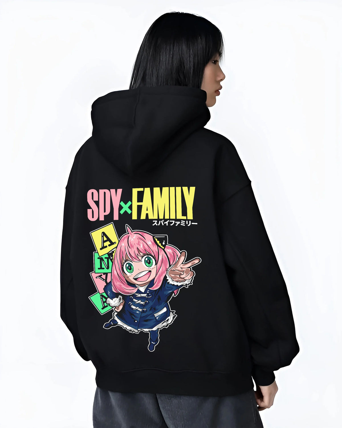 Black hoodie female model back view with Anya Forger from Spy x Family illustrated back graphic