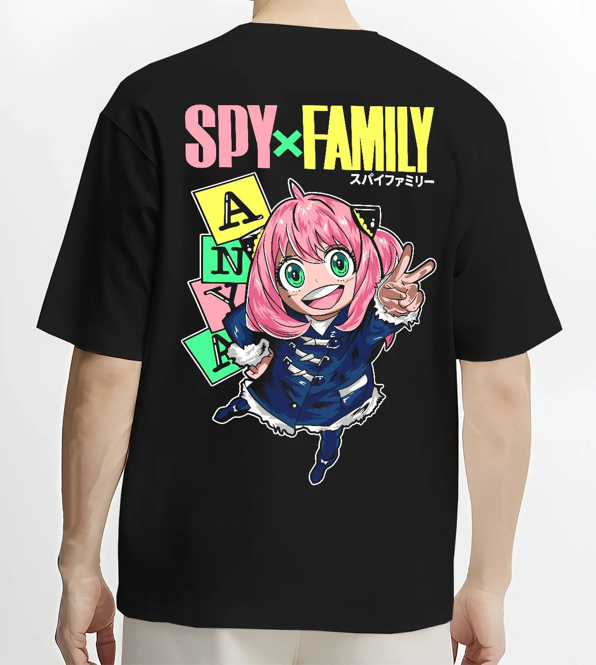 Black T-shirt model back view with Anya Forger from Spy x Family illustrated back graphic