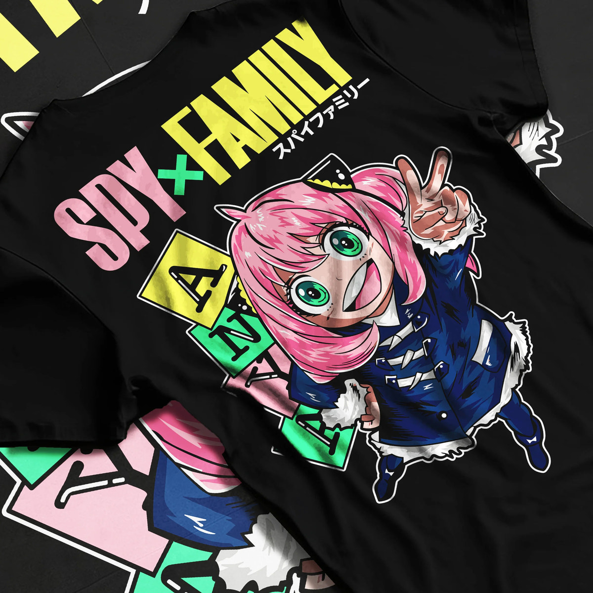 Black T-shirt flat back view with Anya Forger from Spy x Family illustrated back graphic
