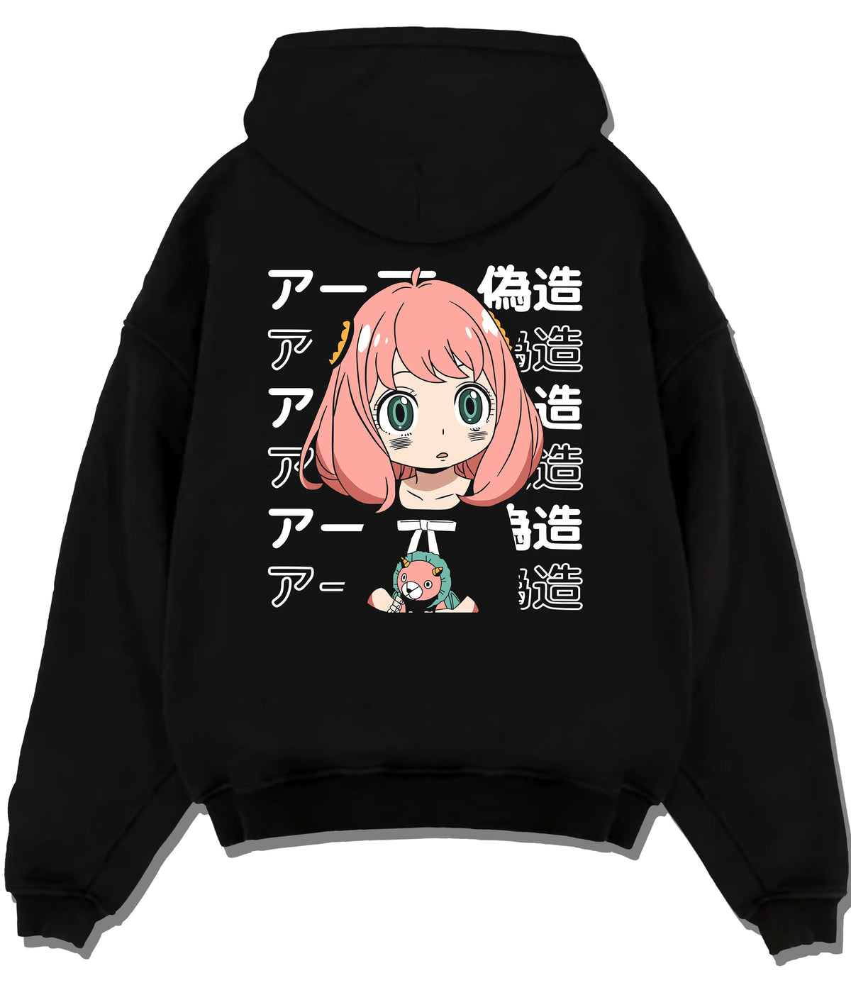 Black hoodie flat back view with Anya Forger from Spy x Family illustrated back graphic