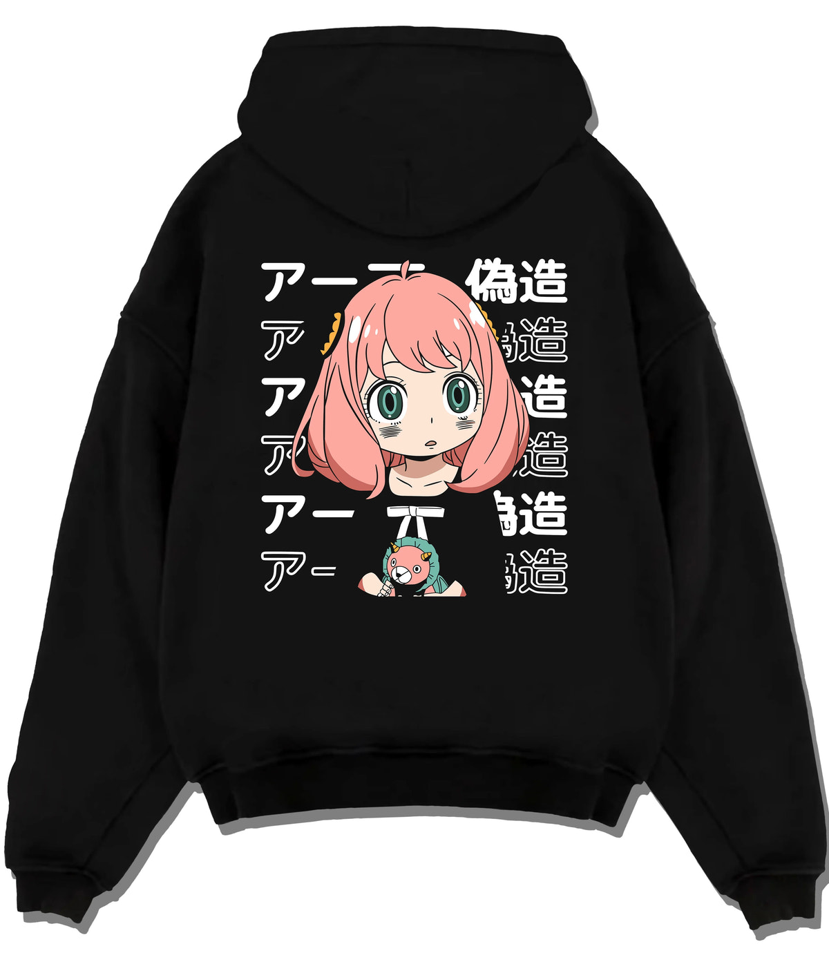 Black hoodie flat back view with Anya Forger from Spy x Family illustrated back graphic
