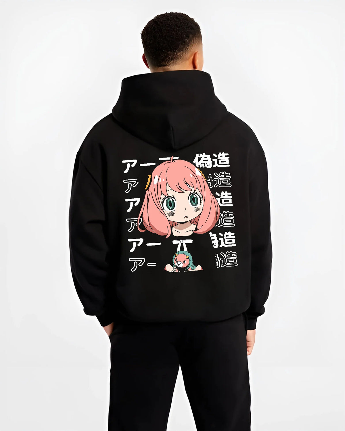 Black hoodie model back view with Anya Forger from Spy x Family illustrated back graphic