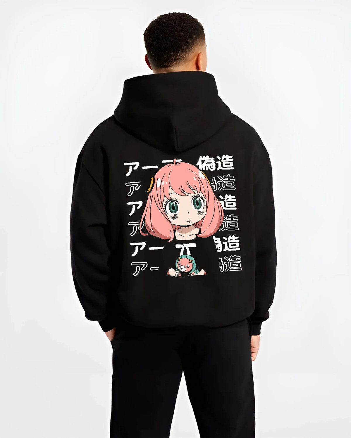 Black hoodie model back view with Anya Forger from Spy x Family illustrated back graphic