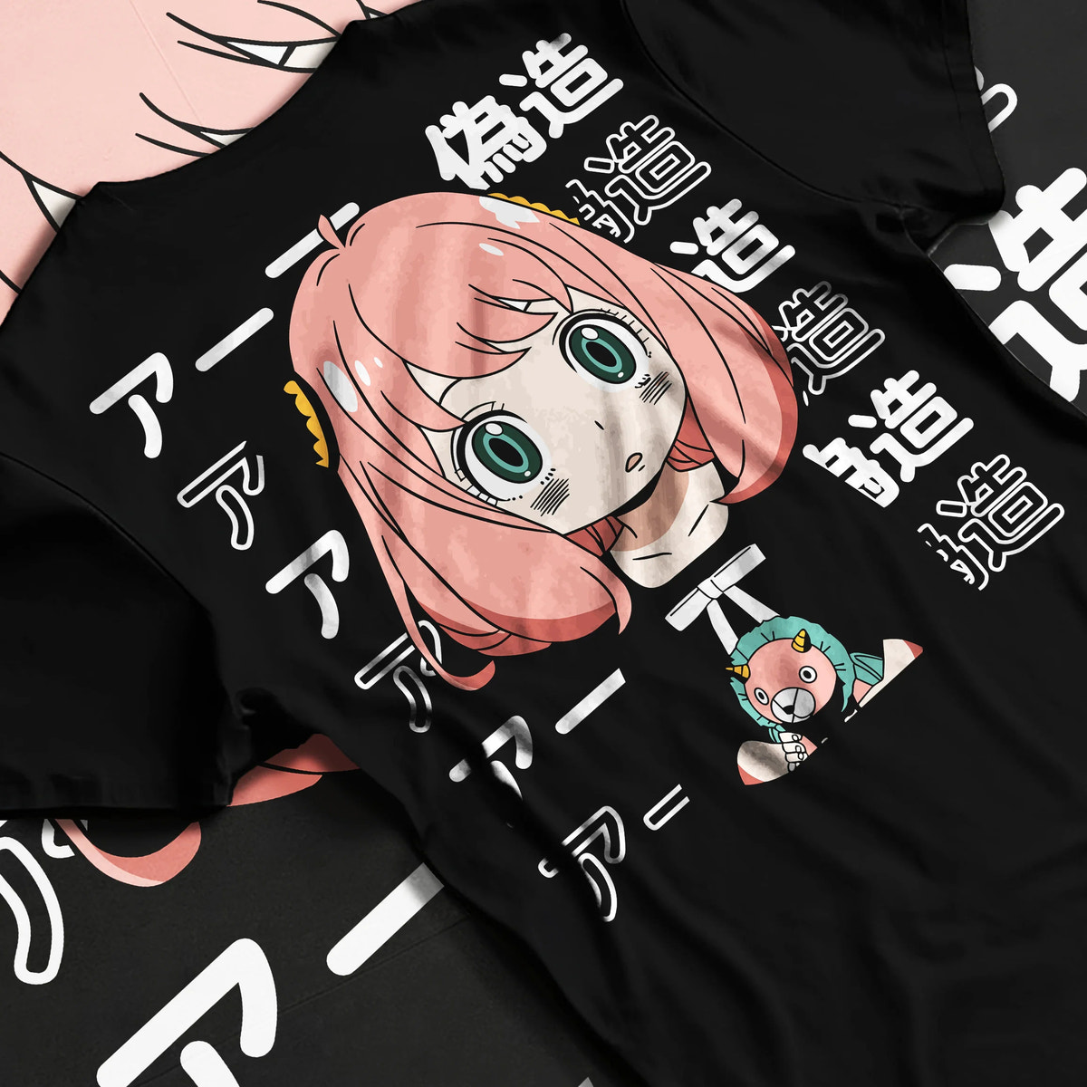 Black T-shirt flat back view with Anya Forger from Spy x Family illustrated back graphic