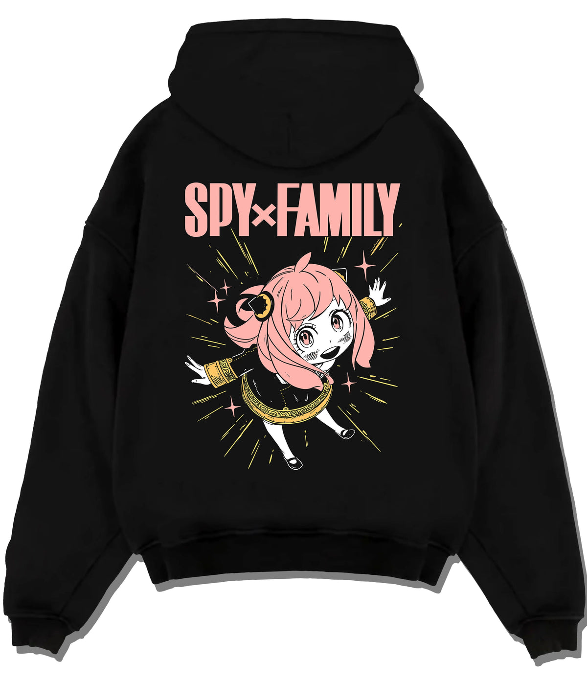 Black hoodie flat back view with Anya Forger from Spy x Family illustrated back graphic