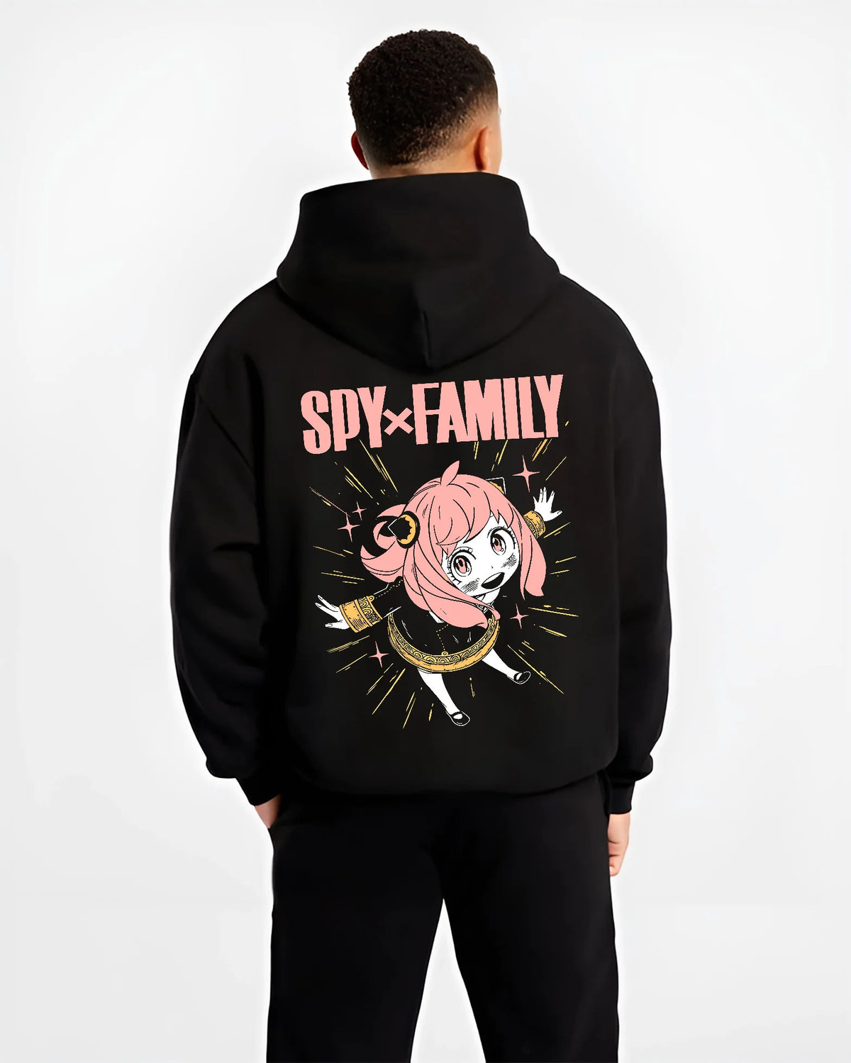 Black hoodie model back view with Anya Forger from Spy x Family illustrated back graphic