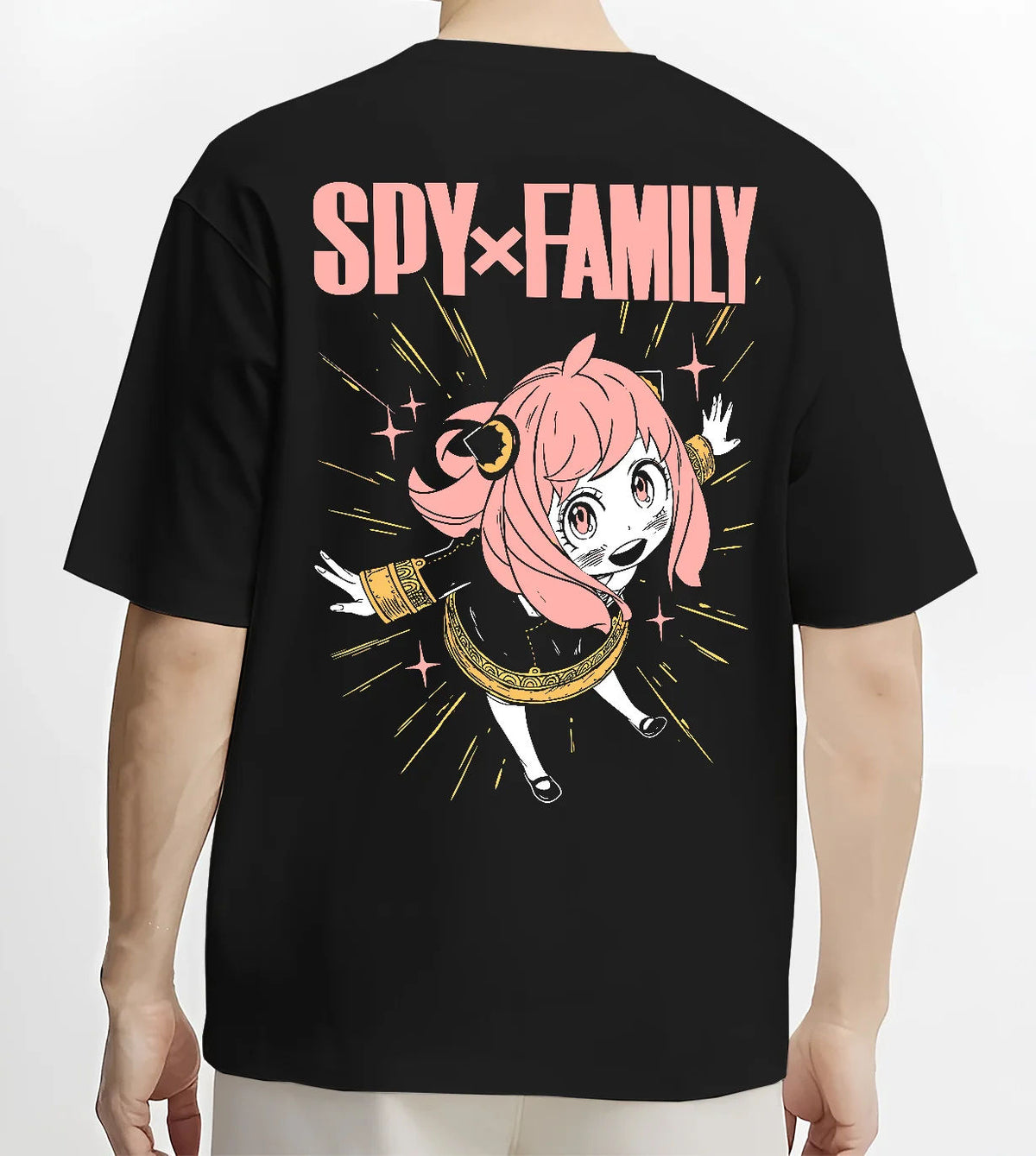 Black T-shirt model back view with Anya Forger from Spy x Family illustrated back graphic