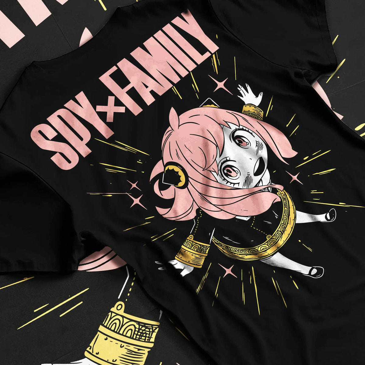Black T-shirt flat back view with Anya Forger from Spy x Family illustrated back graphic