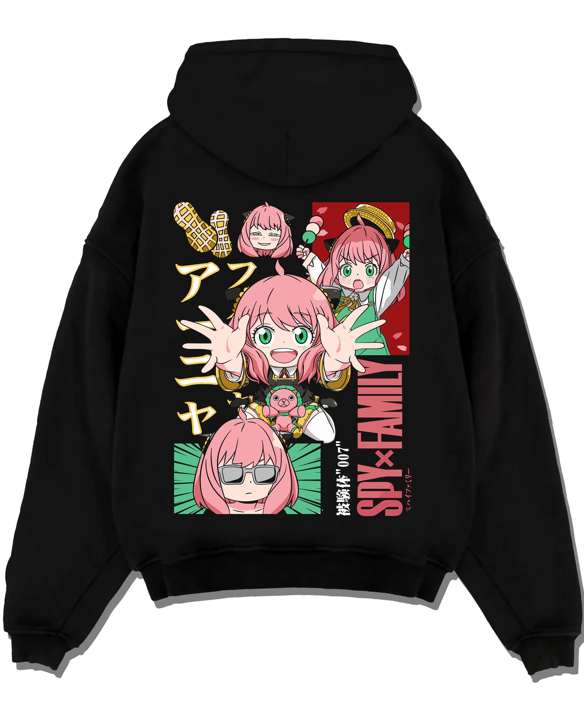 Black pullover hoodie laid flat with Anya Forger Hoodie Spy x Family Cute Panel Collection graphic bold anime graphic.