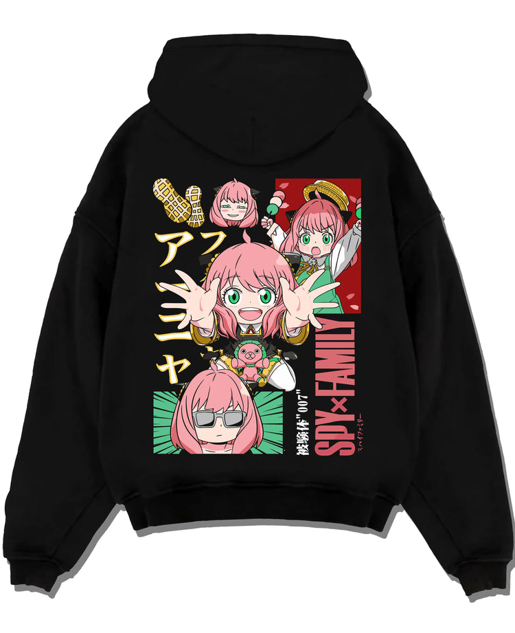 Black pullover hoodie laid flat with Anya Forger Hoodie Spy x Family Cute Panel Collection graphic bold anime graphic.