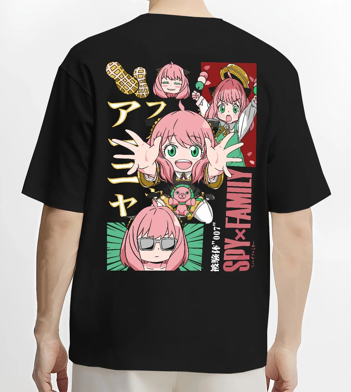 Black T-shirt worn by male model, back view with Anya Forger Hoodie Spy x Family Cute Panel Collection graphic bold anime graphic.