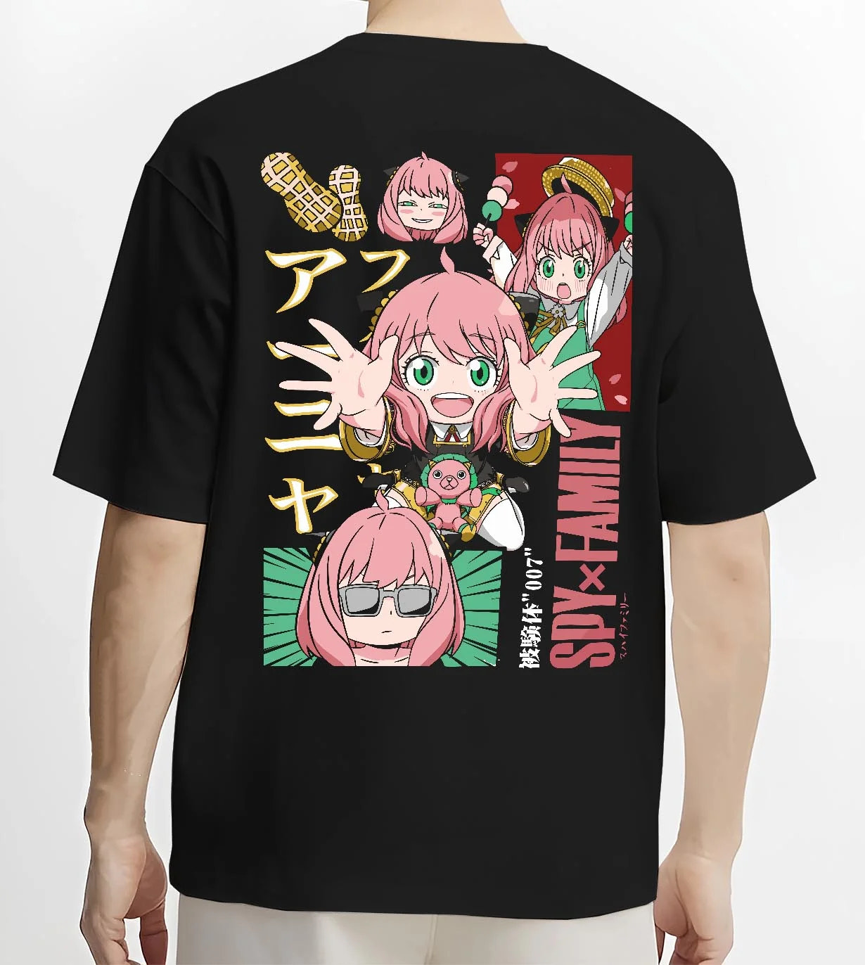 Black T-shirt worn by male model, back view with Anya Forger Hoodie Spy x Family Cute Panel Collection graphic bold anime graphic.