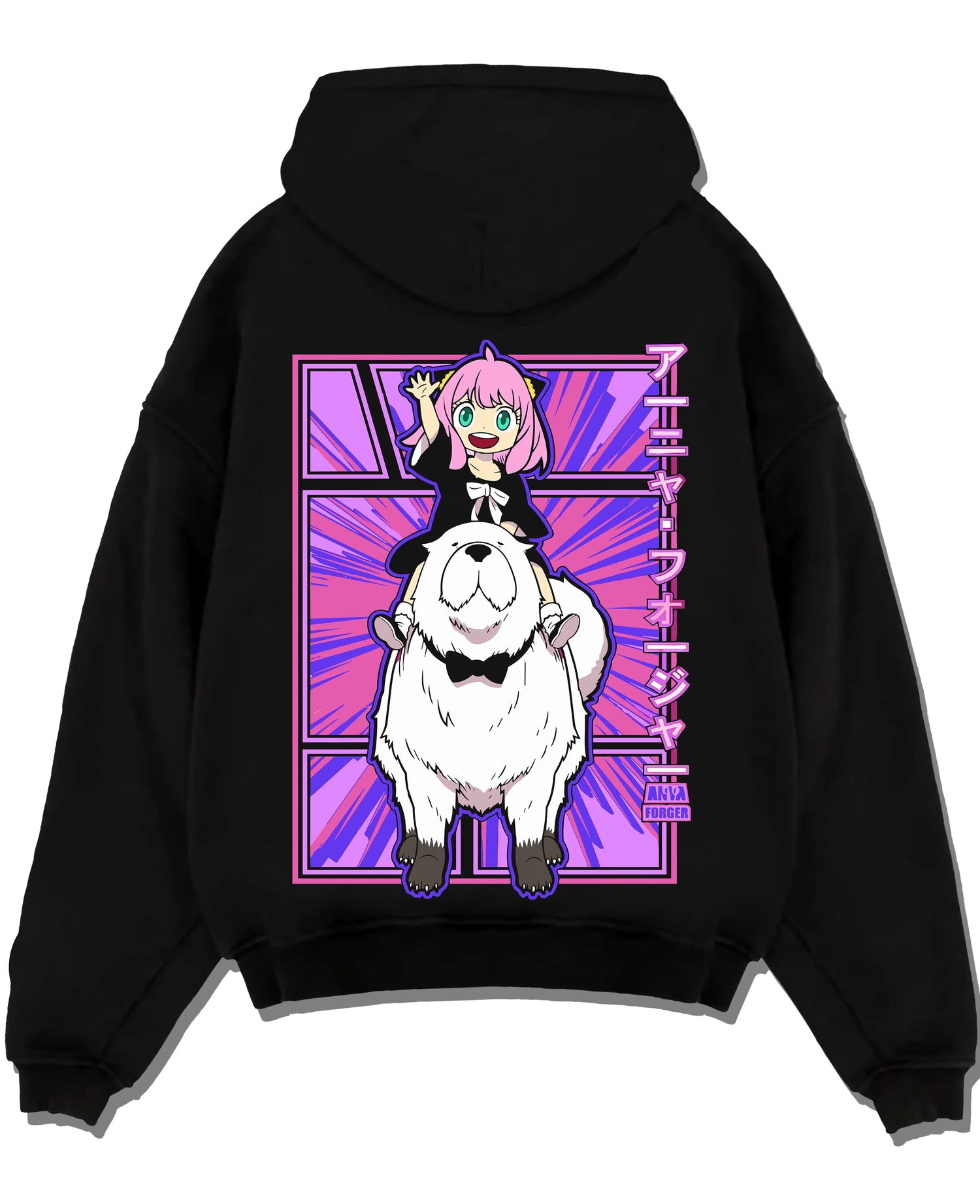 Black pullover hoodie laid flat with Anya Bond Hoodie Spy x Family Forger Family Dog Print graphic premium wear.