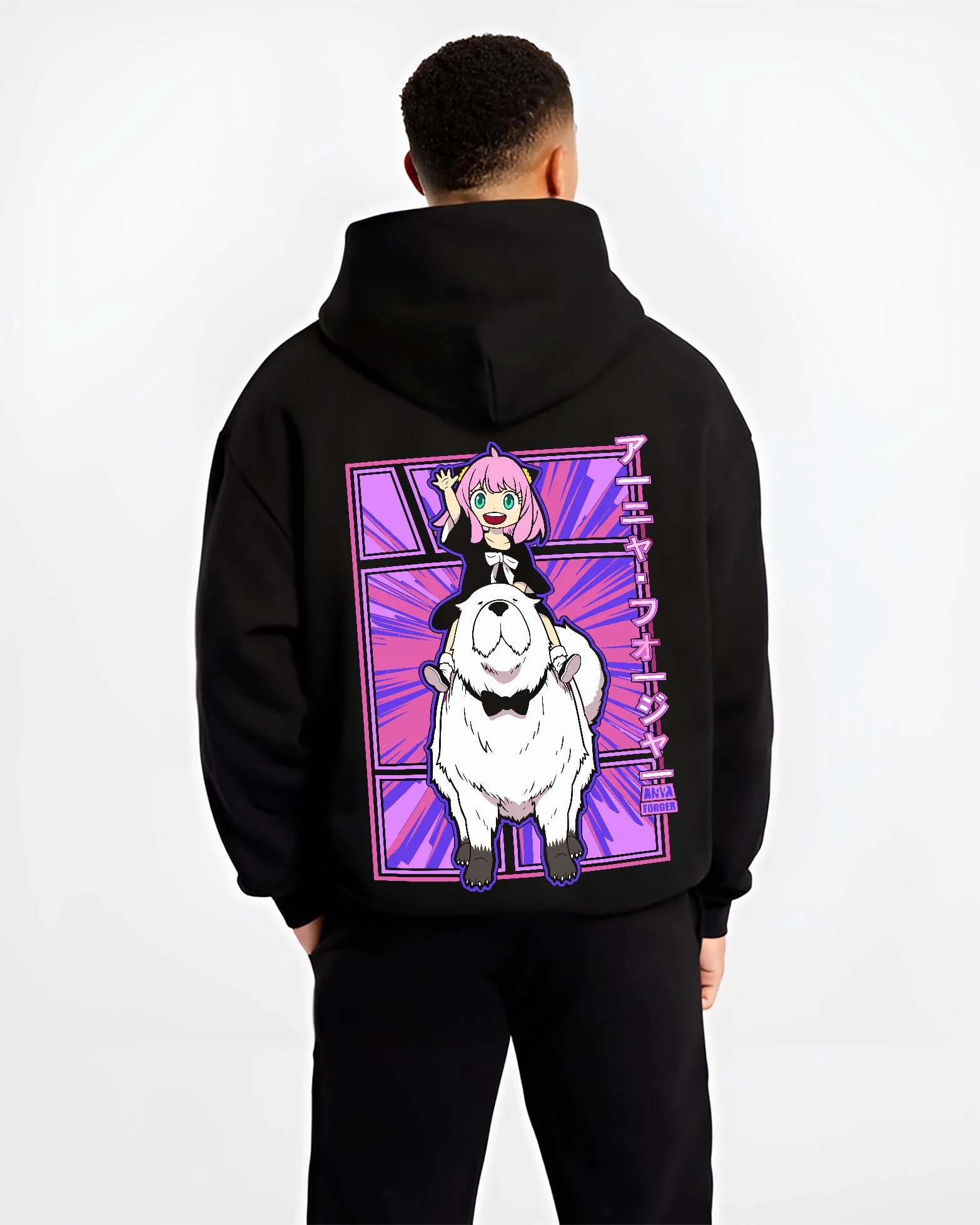 Black hoodie worn by male model, back view with Anya Bond Hoodie Spy x Family Forger Family Dog Print graphic streetwear graphic.