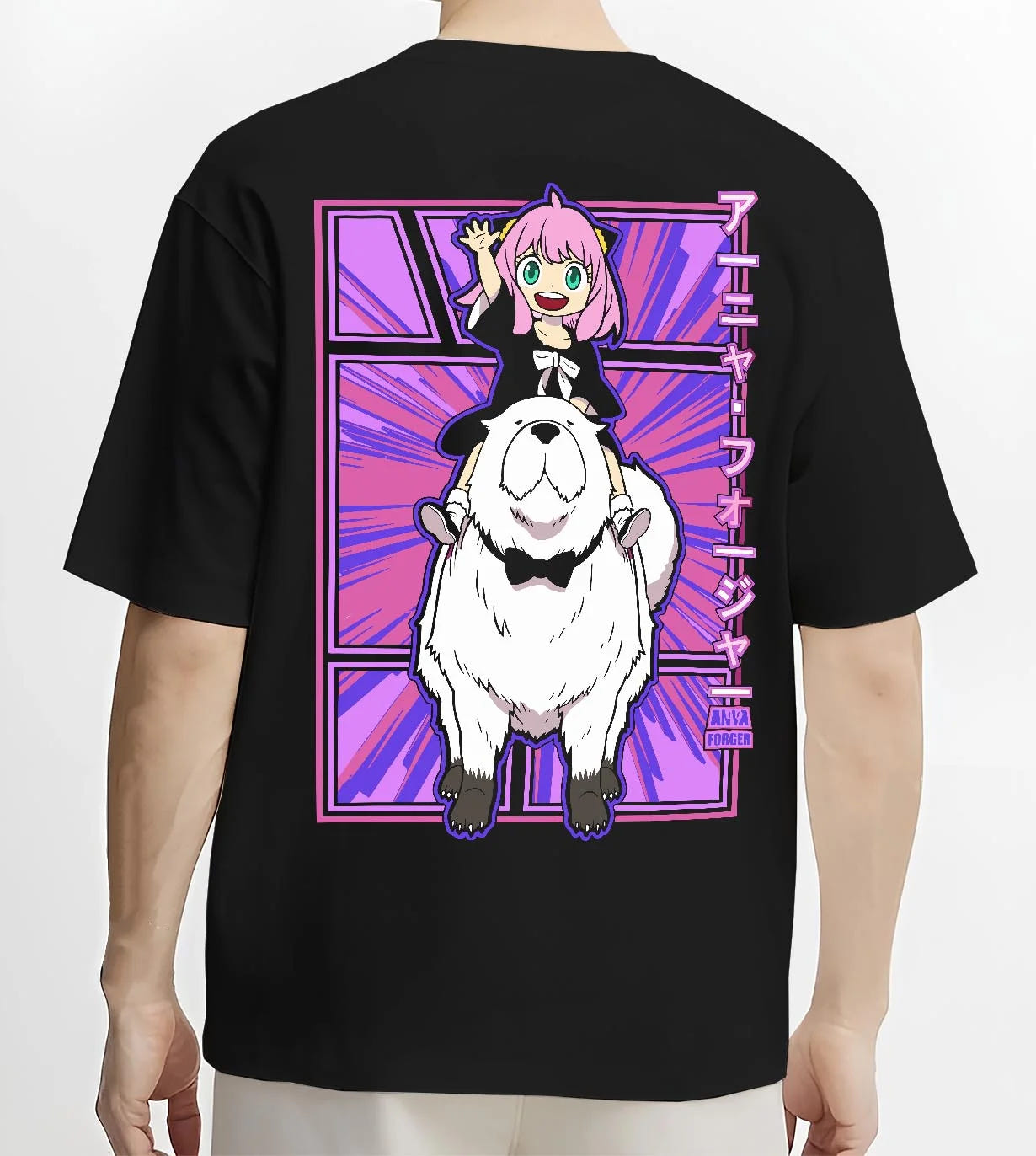 Black T-shirt worn by male model, back view with Anya Bond Hoodie Spy x Family Forger Family Dog Print graphic bold anime graphic.