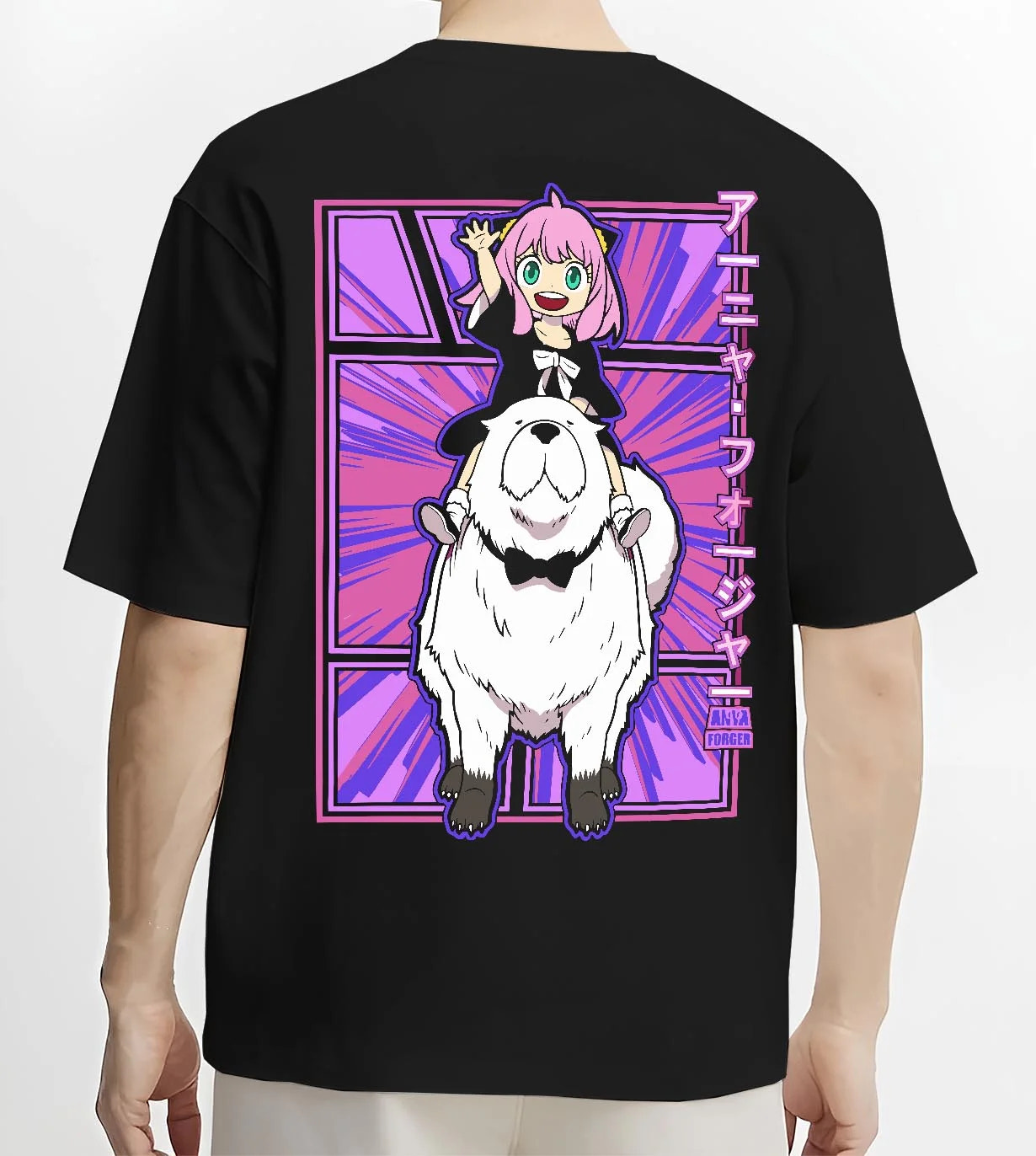 Black T-shirt worn by male model, back view with Anya Bond Hoodie Spy x Family Forger Family Dog Print graphic bold anime graphic.