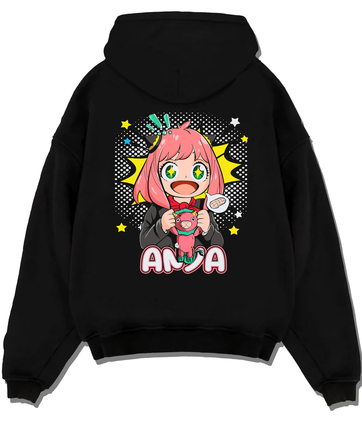 Black hoodie flat back view with Anya Forger from Spy x Family illustrated back graphic