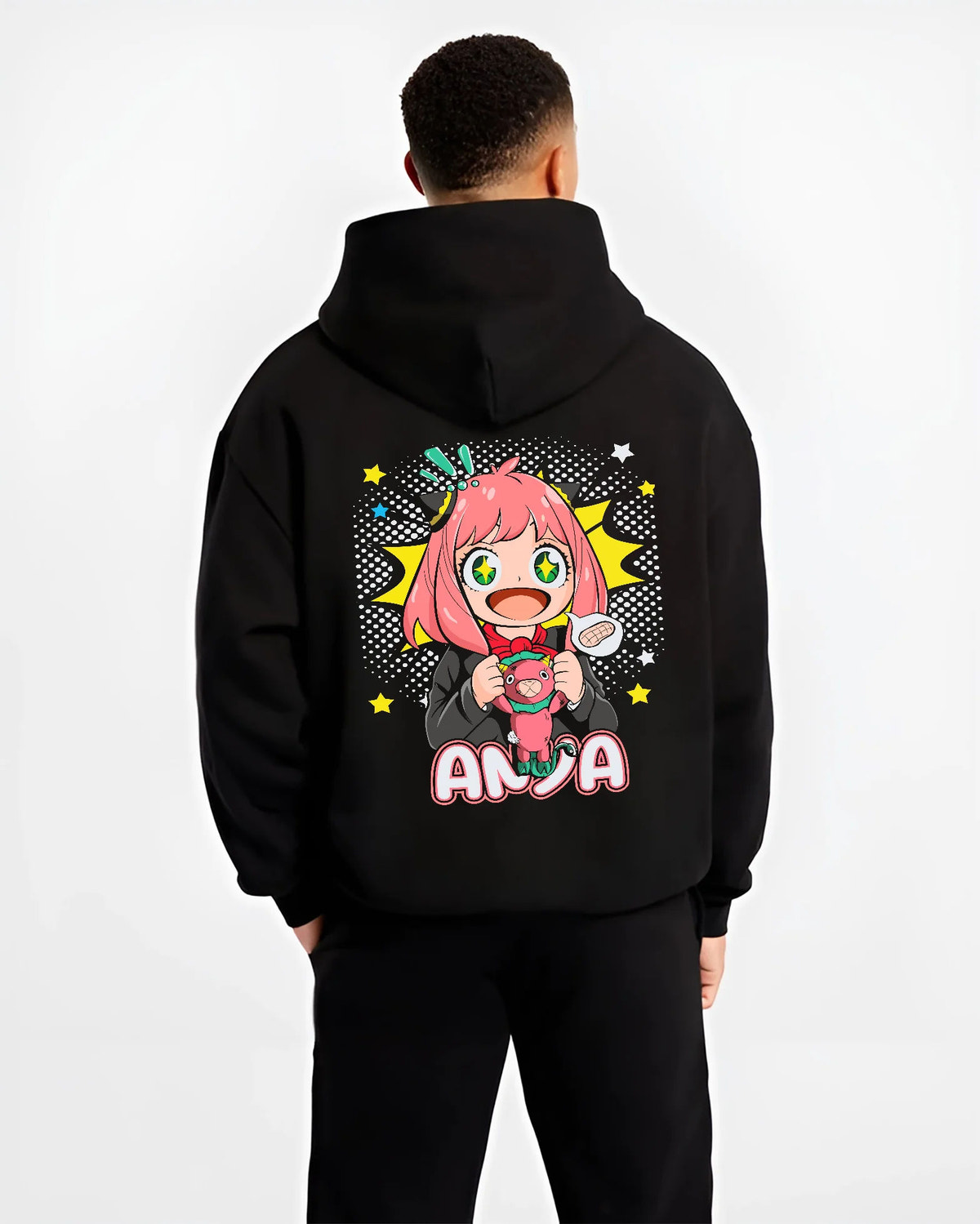 Black hoodie model back view with Anya Forger from Spy x Family illustrated back graphic