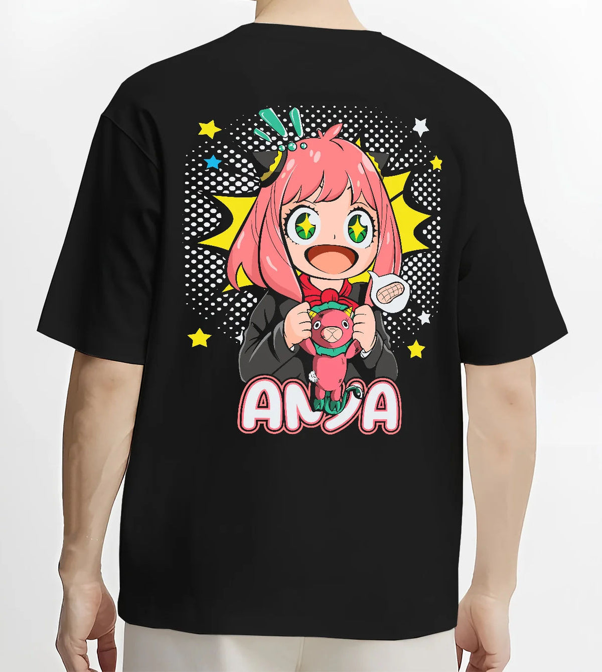 Black T-shirt model back view with Anya Forger from Spy x Family illustrated back graphic