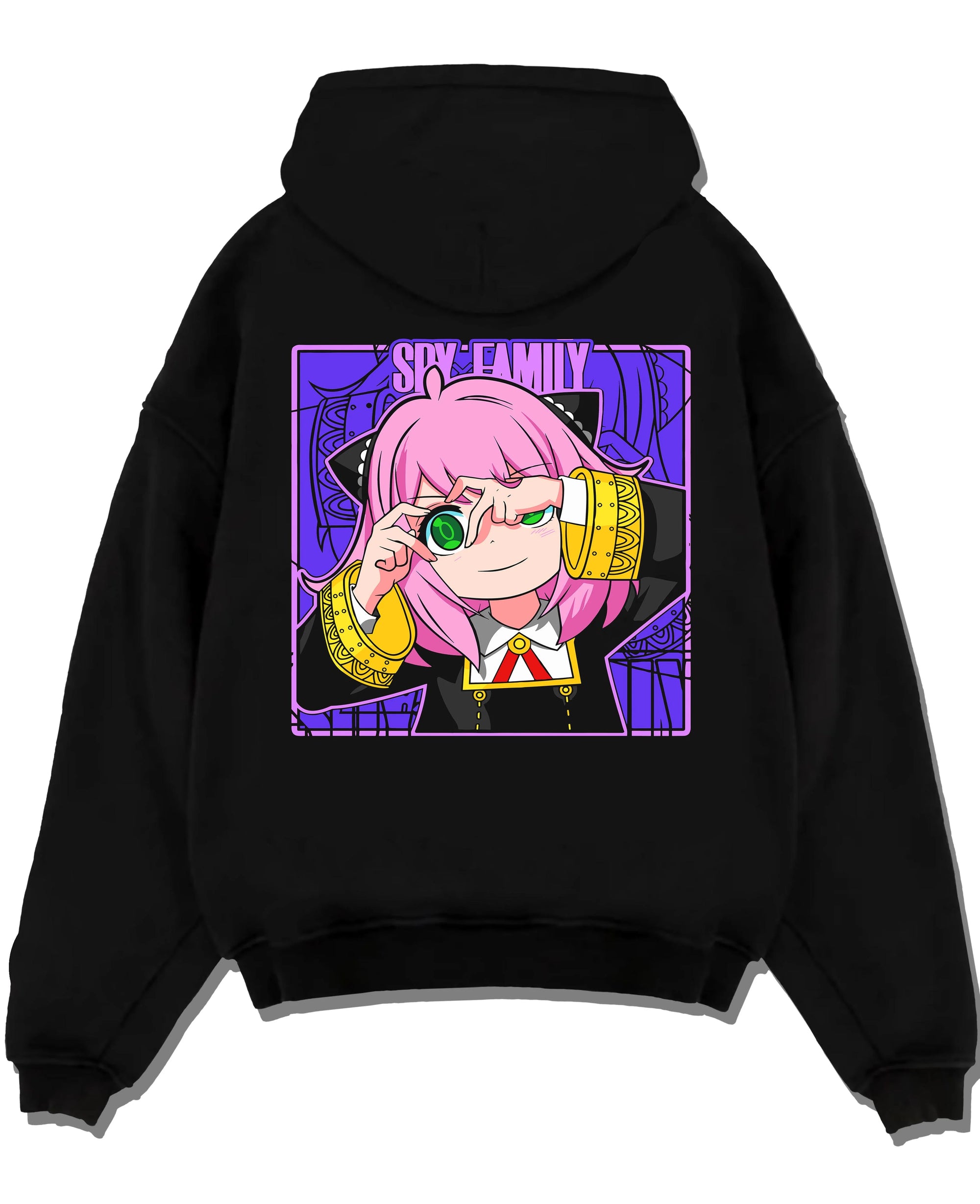 Black pullover hoodie laid flat with Anya Forger Hoodie Spy x Family Magnifying Glass Scene graphic premium wear.