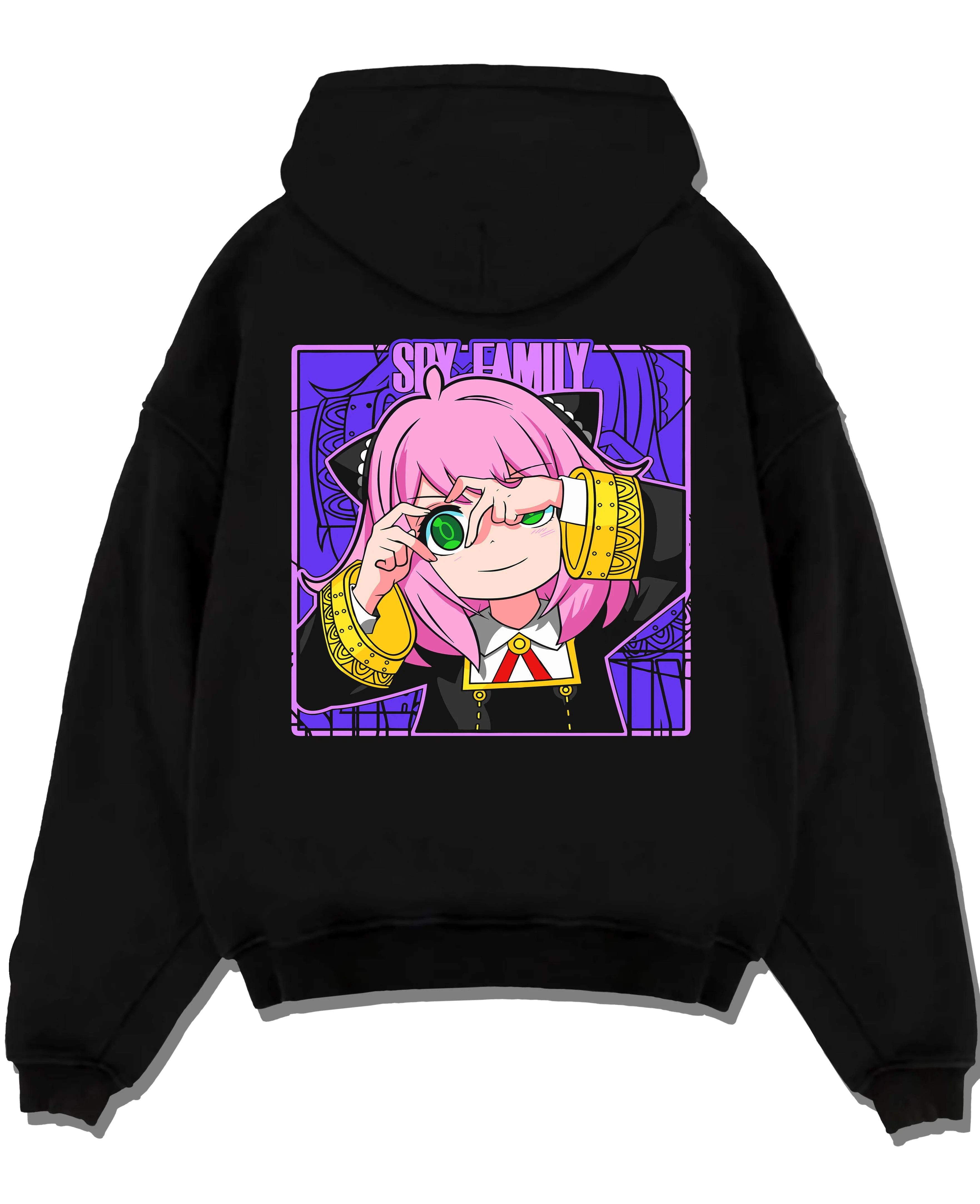 Black pullover hoodie laid flat with Anya Forger Hoodie Spy x Family Magnifying Glass Scene graphic premium wear.
