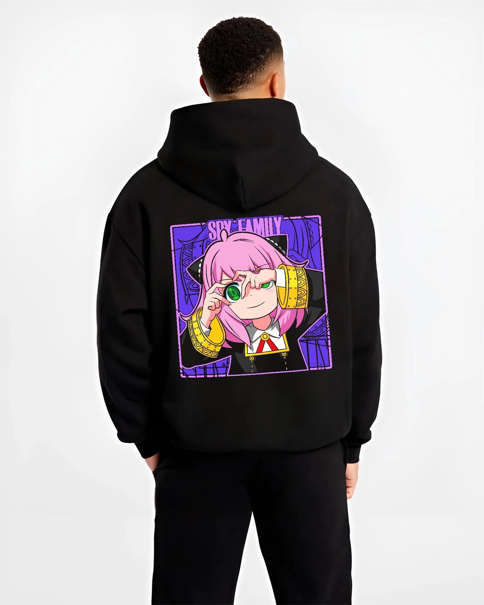 Black hoodie worn by male model, back view with Anya Forger Hoodie Spy x Family Magnifying Glass Scene graphic bold anime graphic.