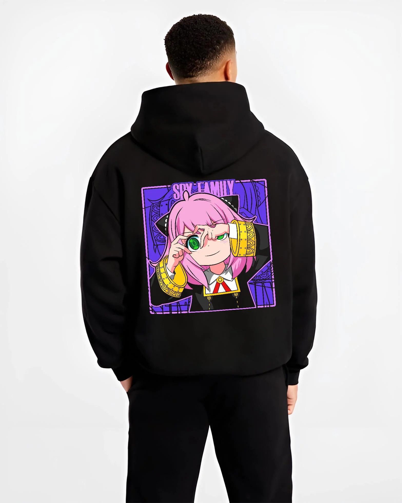 Black hoodie worn by male model, back view with Anya Forger Hoodie Spy x Family Magnifying Glass Scene graphic bold anime graphic.