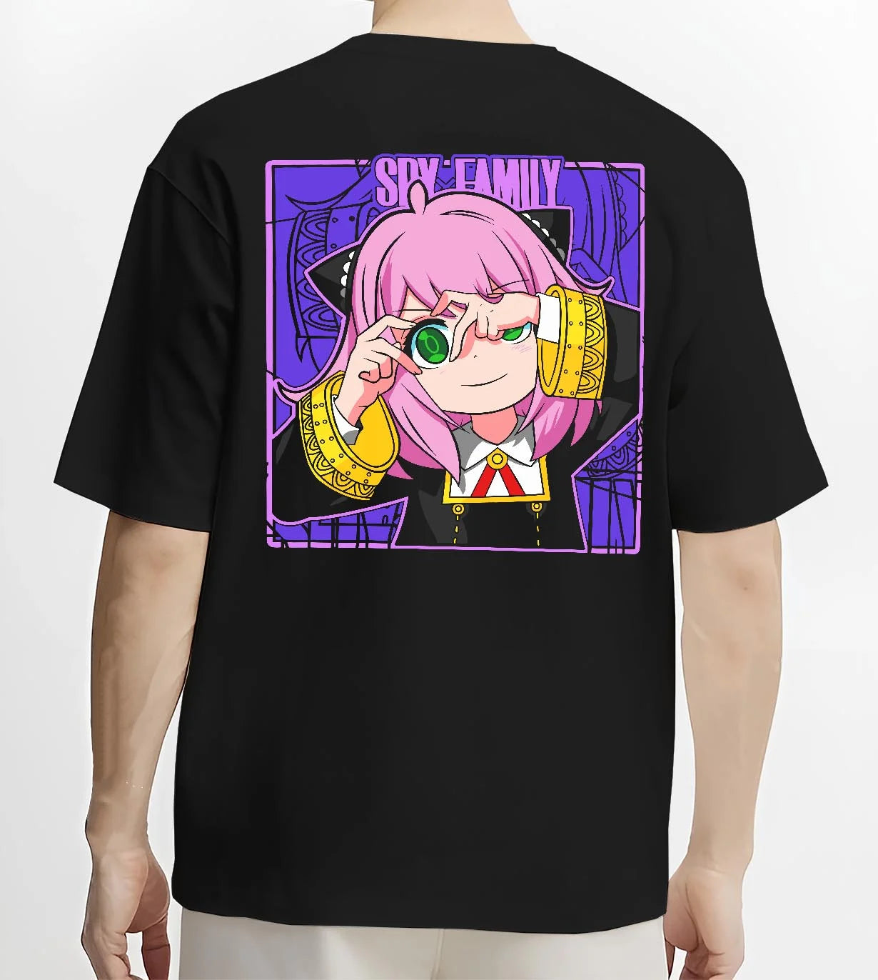 Black T-shirt worn by male model, back view with Anya Forger Hoodie Spy x Family Magnifying Glass Scene graphic premium wear.