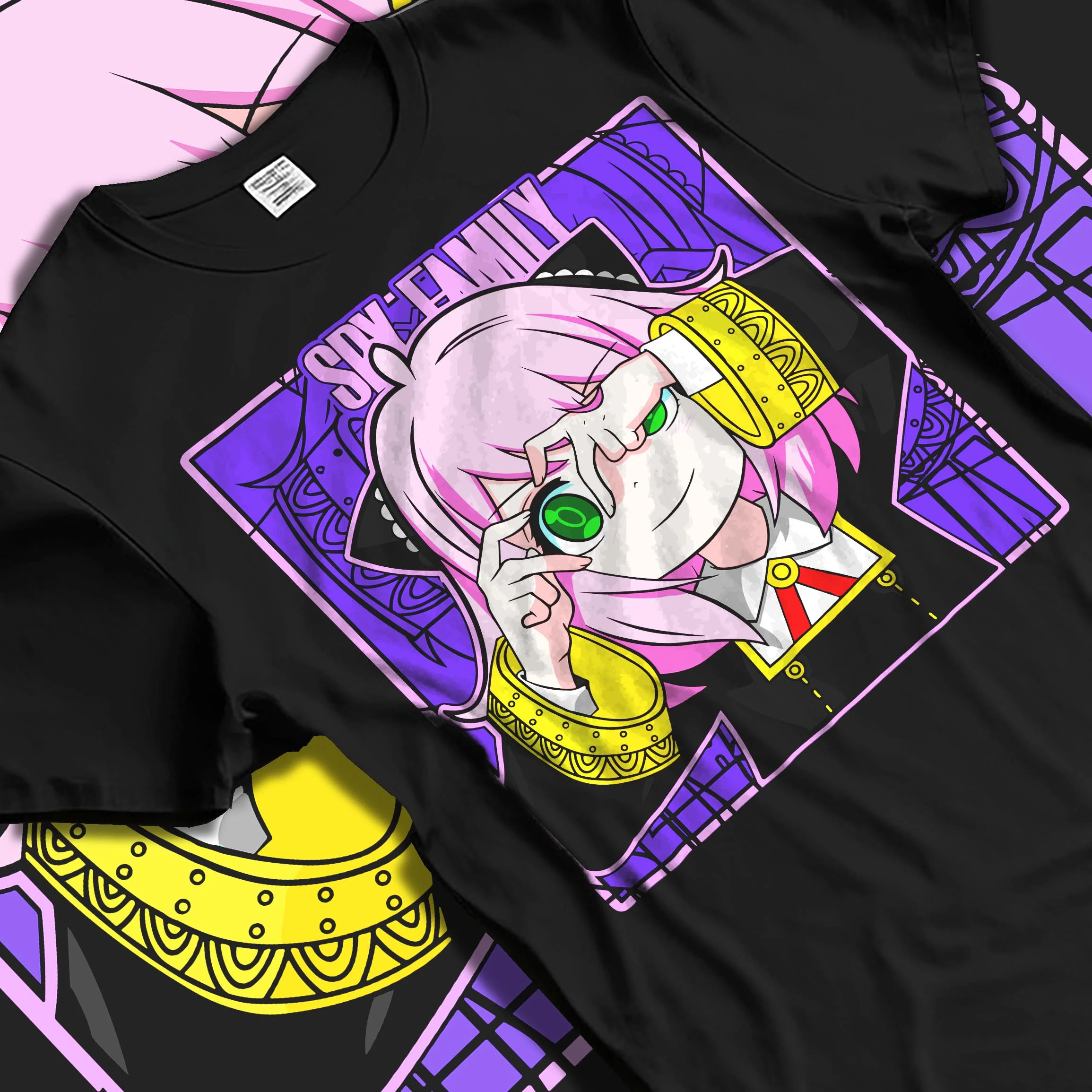 Black T-shirt laid flat with natural folds with Anya Forger Hoodie Spy x Family Magnifying Glass Scene graphic premium wear.