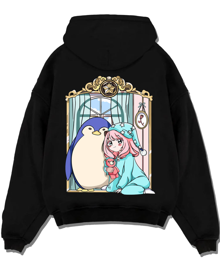 Black pullover hoodie laid flat with Anya Forger Hoodie Spy x Family Sleeping Plush Doll graphic bold anime graphic.