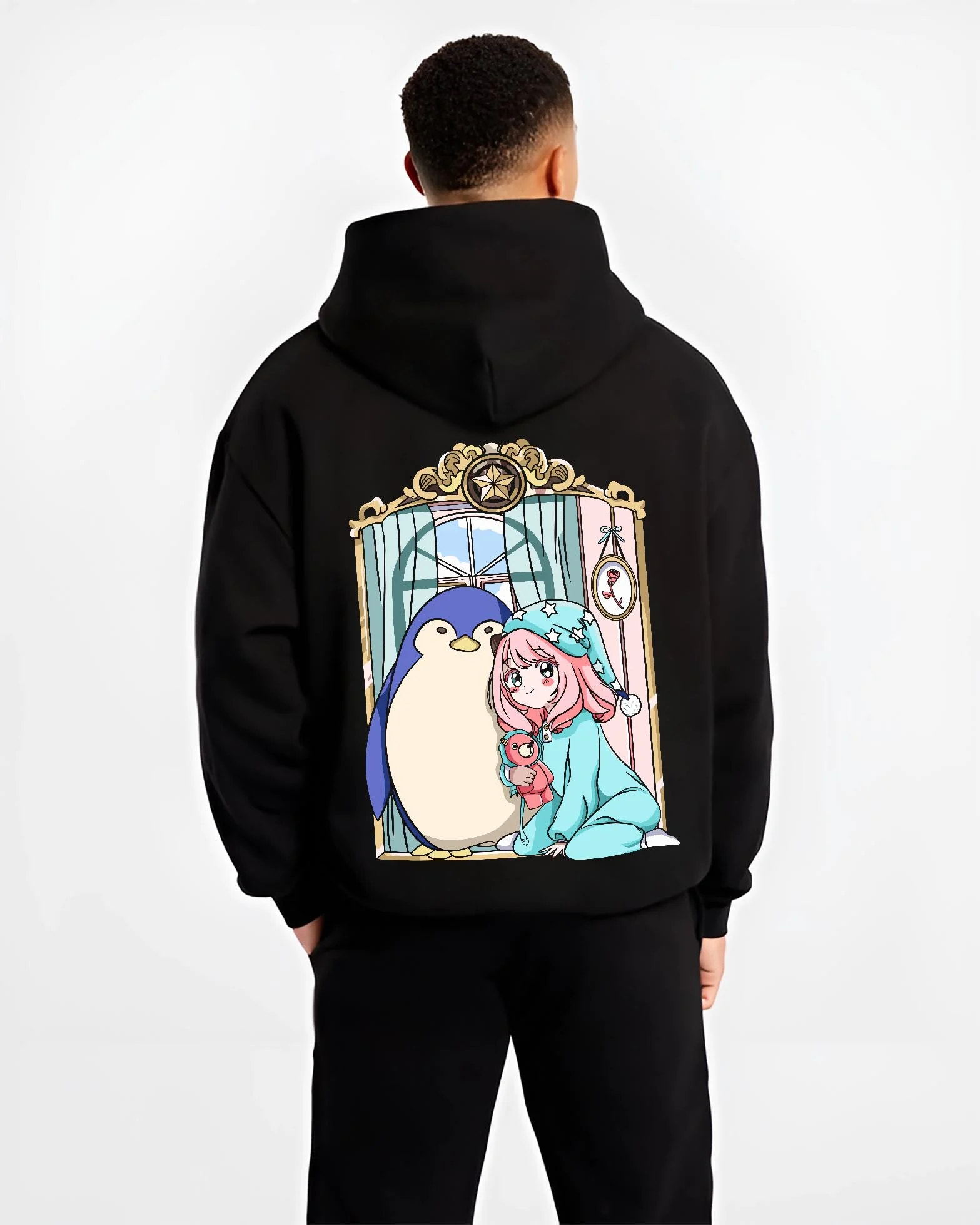 Black hoodie worn by male model, back view with Anya Forger Hoodie Spy x Family Sleeping Plush Doll graphic streetwear graphic.