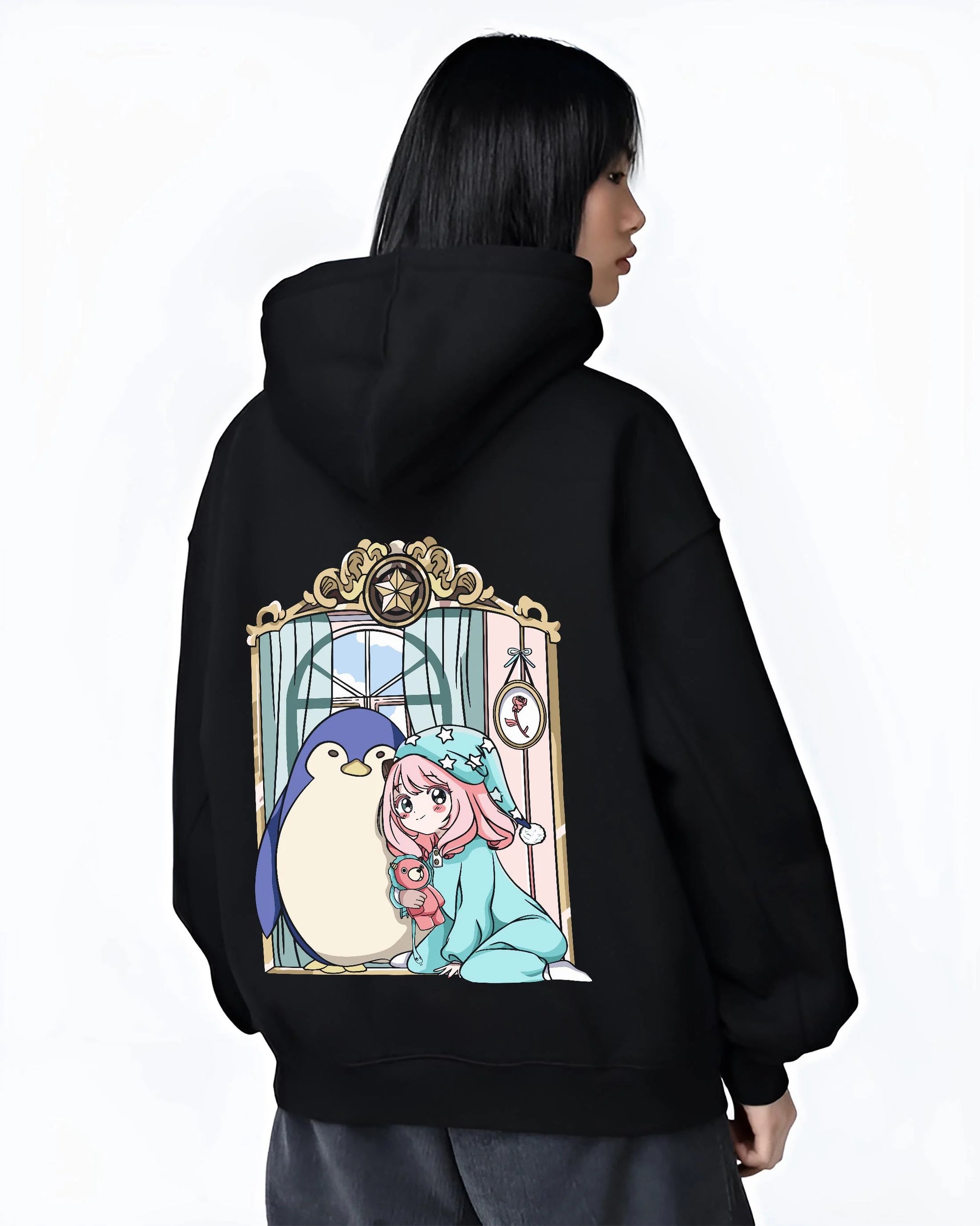 Black hoodie worn by female model, back view with Anya Forger Hoodie Spy x Family Sleeping Plush Doll graphic streetwear graphic.