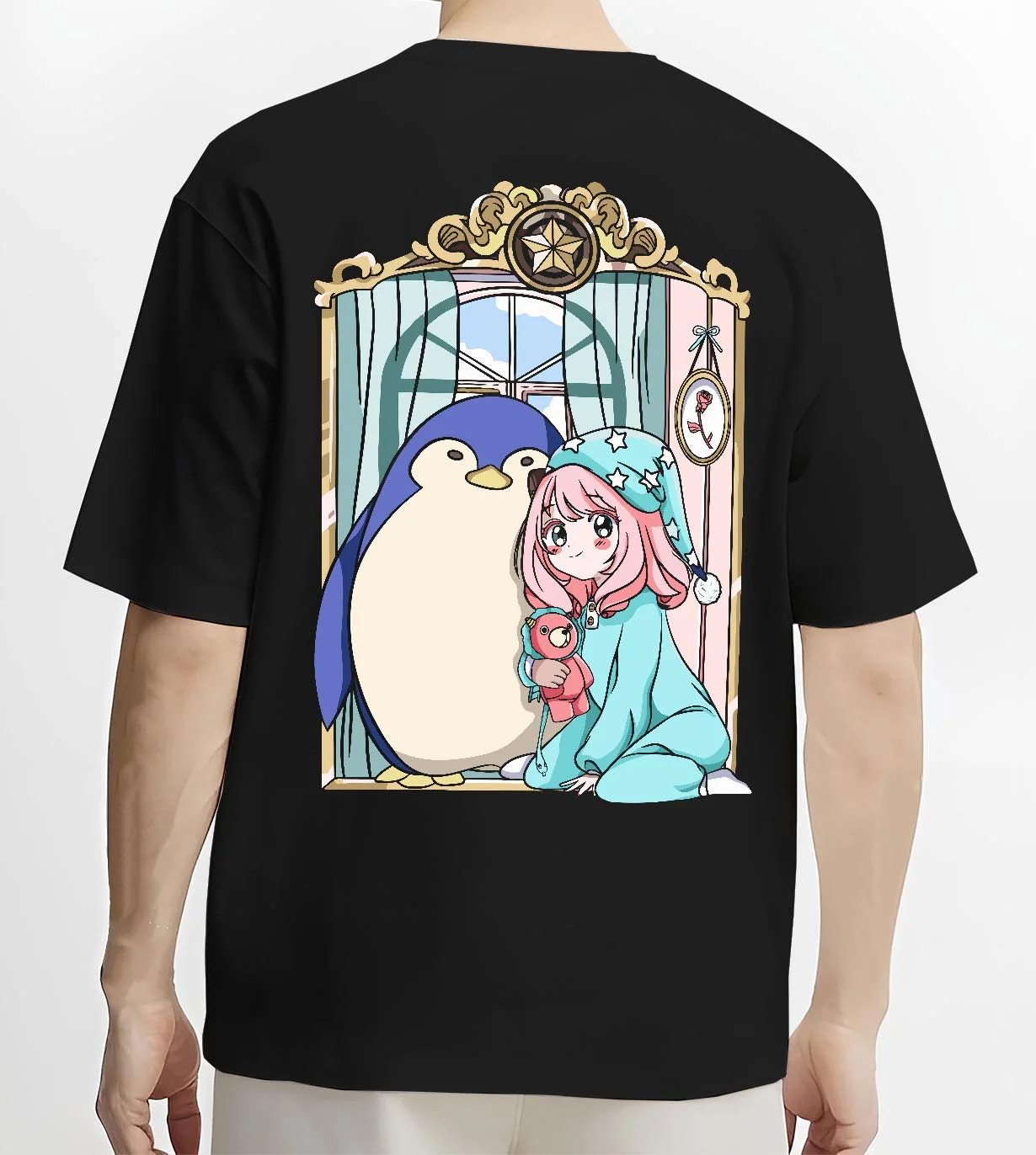 Black T-shirt worn by male model, back view with Anya Forger Hoodie Spy x Family Sleeping Plush Doll graphic bold anime graphic.