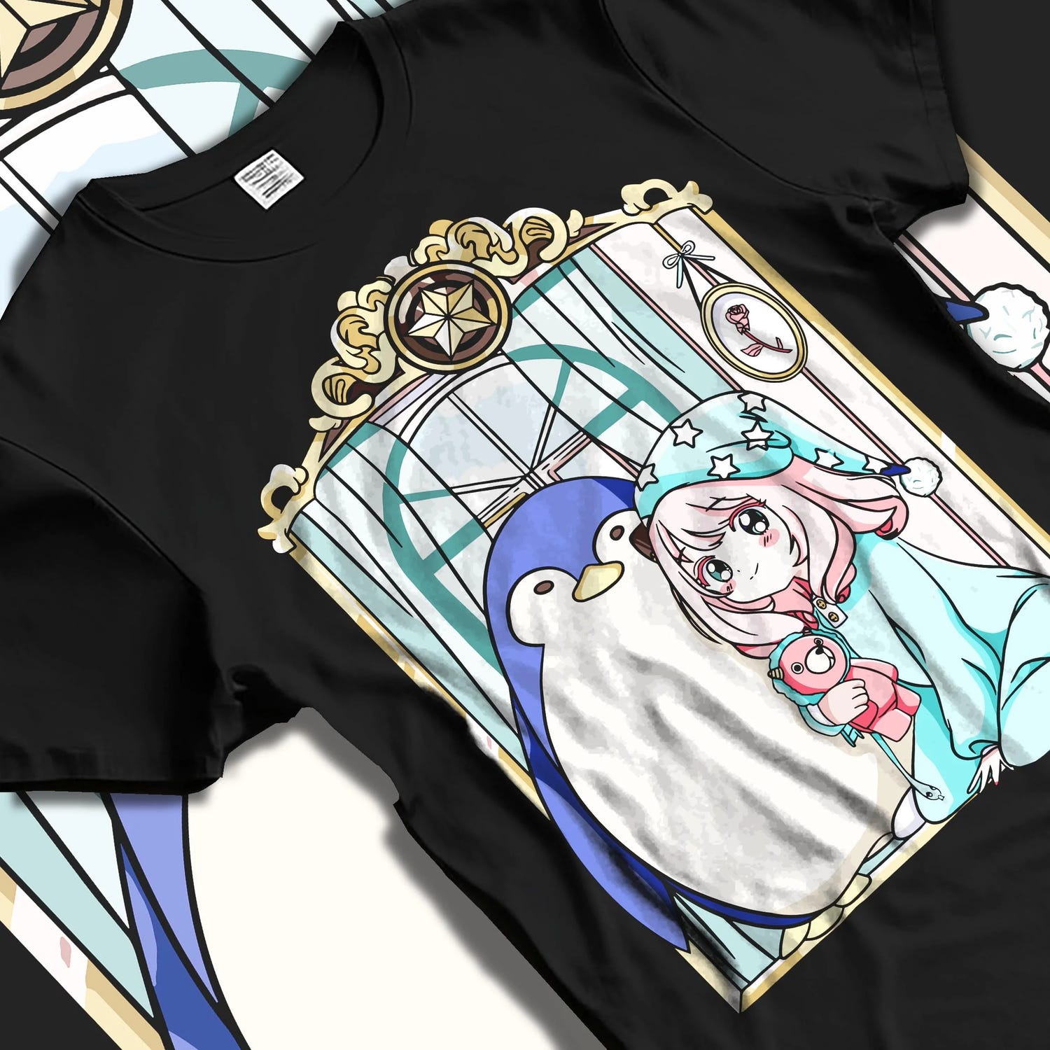 Black T-shirt laid flat with natural folds with Anya Forger Hoodie Spy x Family Sleeping Plush Doll graphic streetwear graphic.